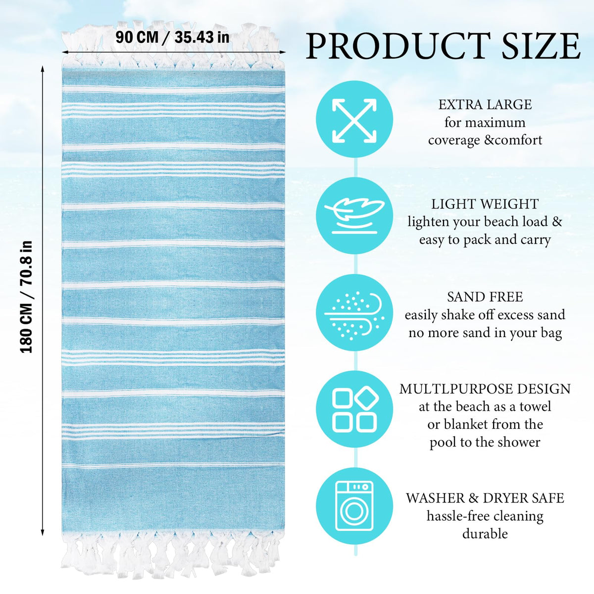OJMHD 6 Pack Hammam Beach Towels, 180 x 90 cm Turkish Bath Towels Bulk - image 2