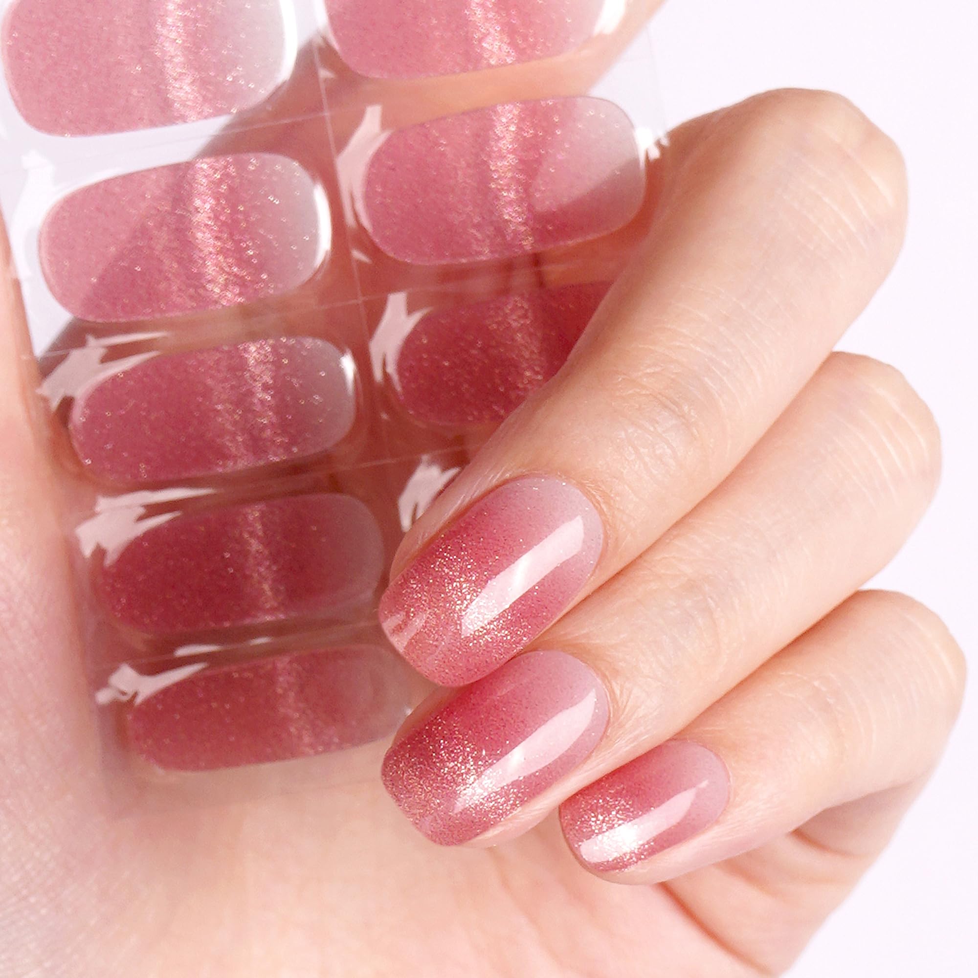DANNI & TONI Semi Cured Gel Nail Strips – Pink Ombre Cat Eye (28 Pcs)