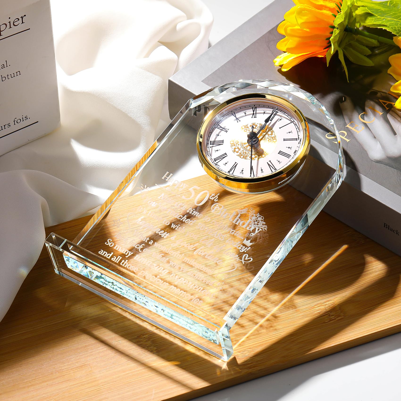 50th Birthday Glass Keepsake – Quartz Desk Clock Gift for Women