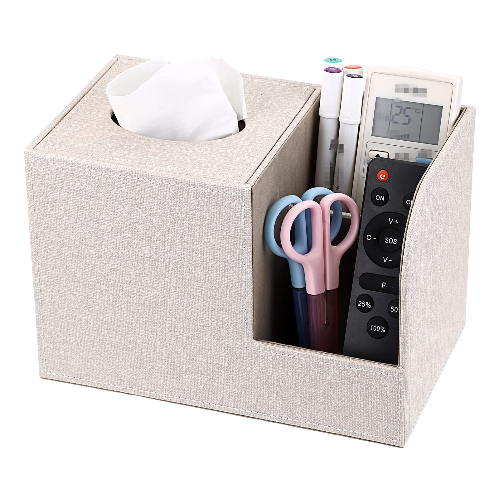 BTSKY Linen Square Tissue Box Cover with Side Pockets - Beige Desk Organizer