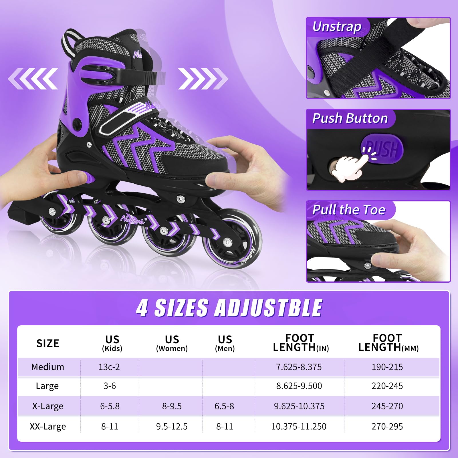 Nattork Adjustable Inline Skates | Purple Outdoor Roller Blades for Adults