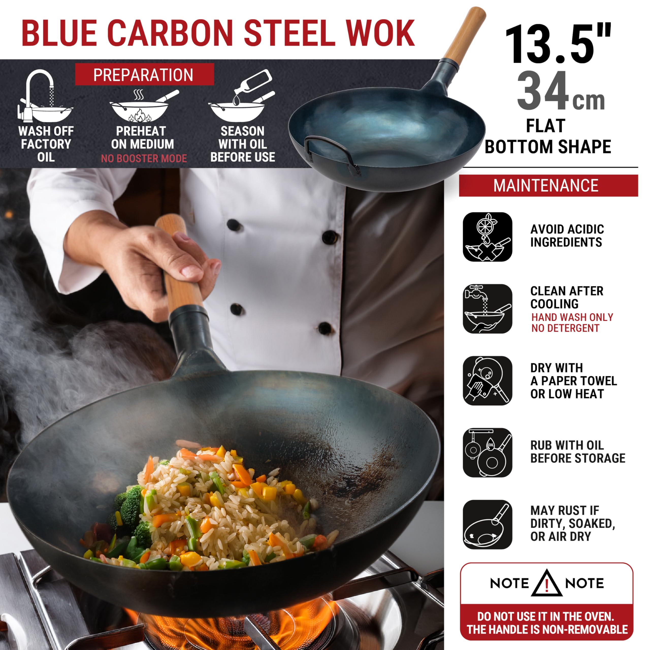 Yosukata 34cm Blue Carbon Steel Wok – Pre-Seasoned Flat Bottom Pan