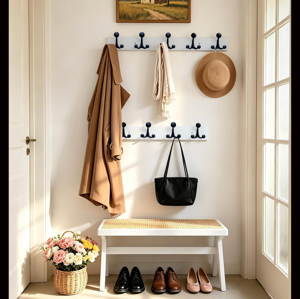 HONSKY Wall Mounted Coat Rack, 76cm White Pine Base, 5 Black Sturdy Aluminium Alloy Triple Hooks15 Hanging Points - image 3