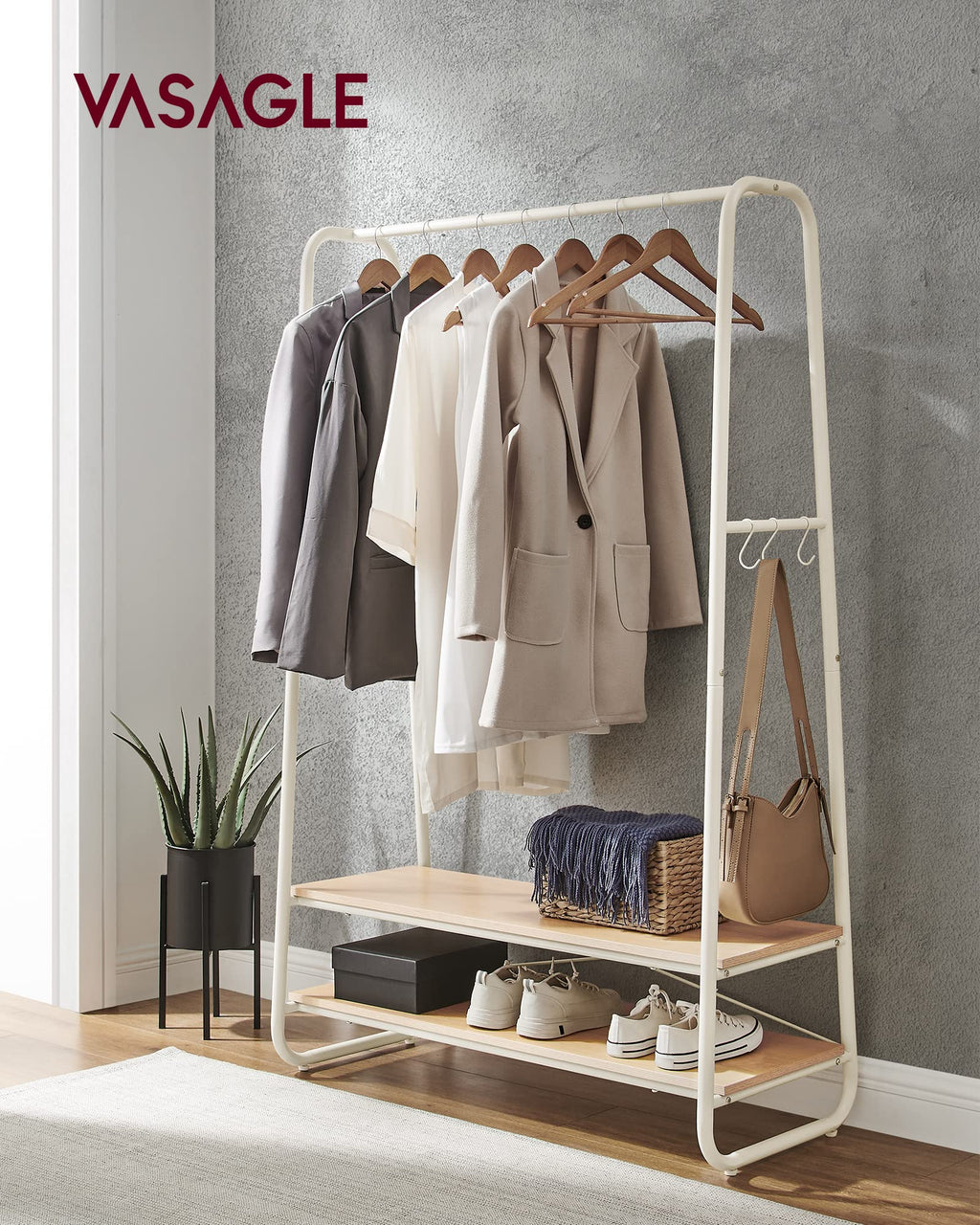 VASAGLE Clothes Rail – Steel Frame Rack with 2 Shelves, Oak & Cream White