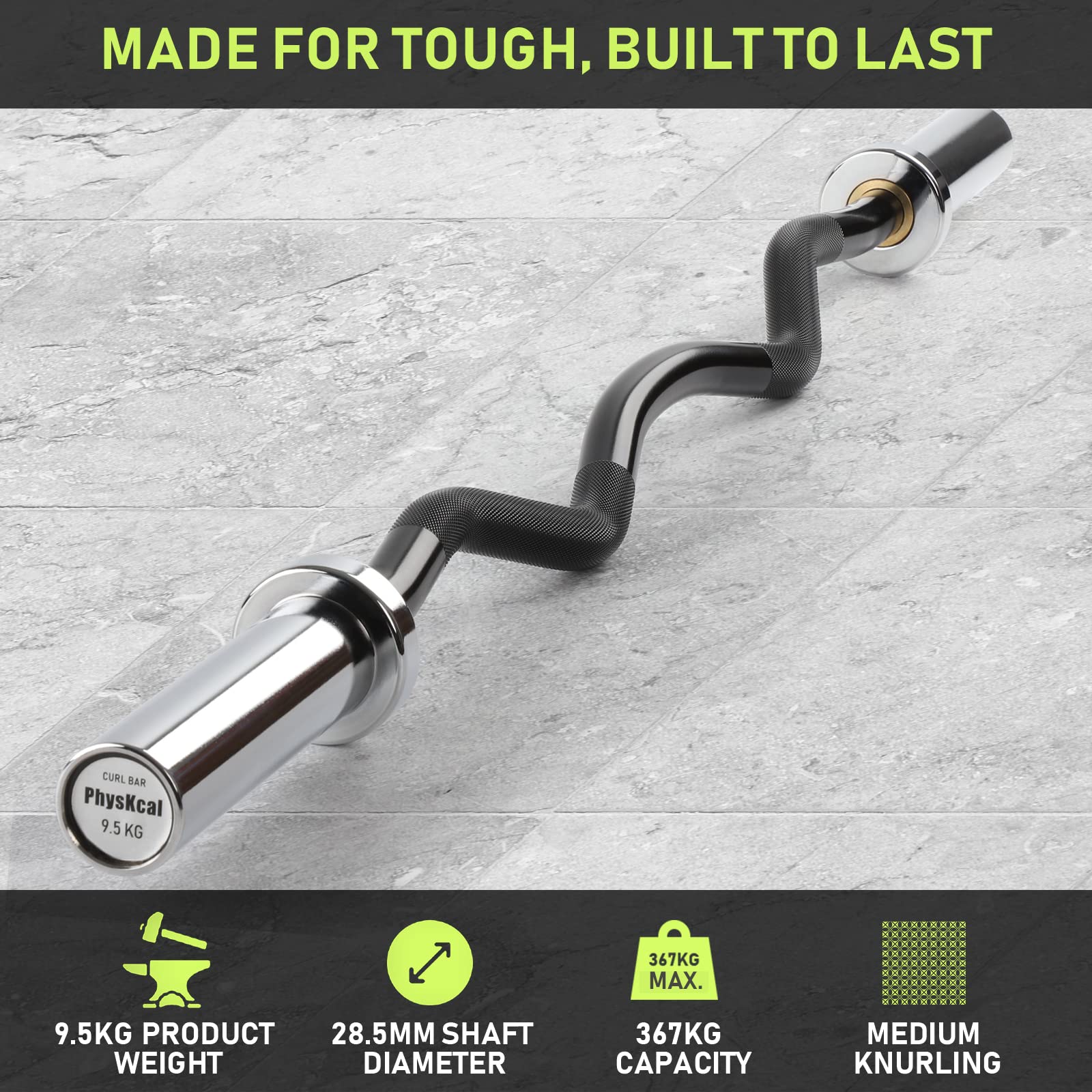 PhysKcal 47 Inch EZ Curl Bar | 2 Inch Olympic Weight Lifting Bar - Black Chrome