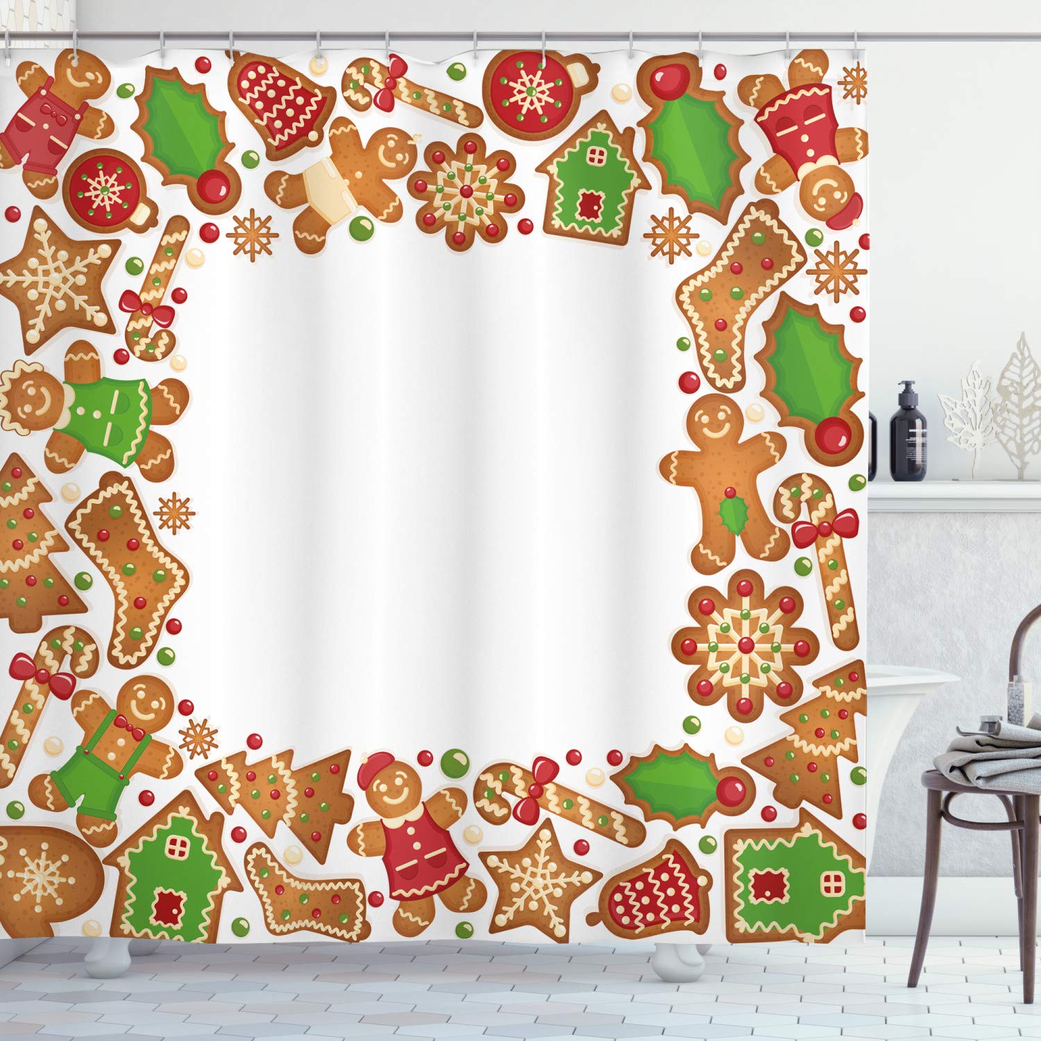 ABAKUHAUS Christmas Shower Curtain – Gingerbread Cookies Fabric Decor