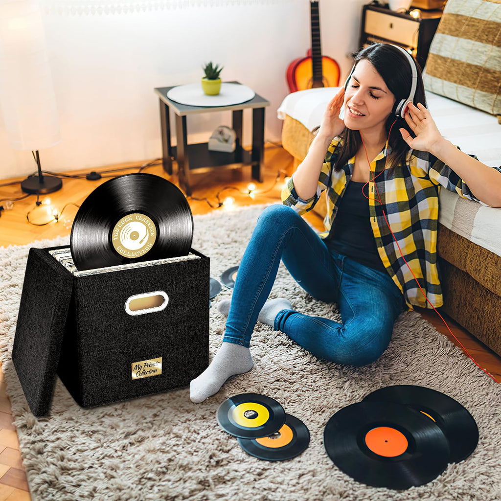 4 PCS 12-inch Vinyl Record Storage Box,Folding LP Case with Lid & Handle - image 3