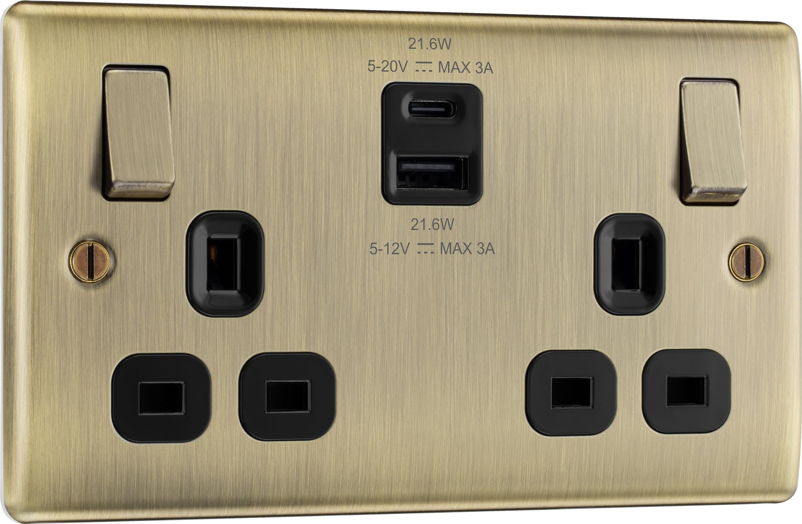 BG Electrical Double Switched Socket | 22W USB A & C | Antique Brass