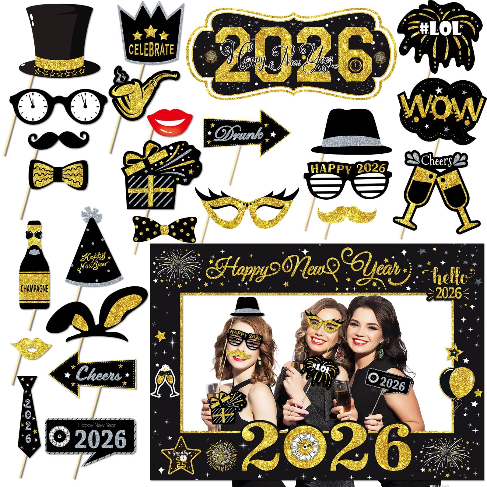 Jolof Store 24 Pcs New Year's Eve Photo Booth Props – 2026 Party Supplies