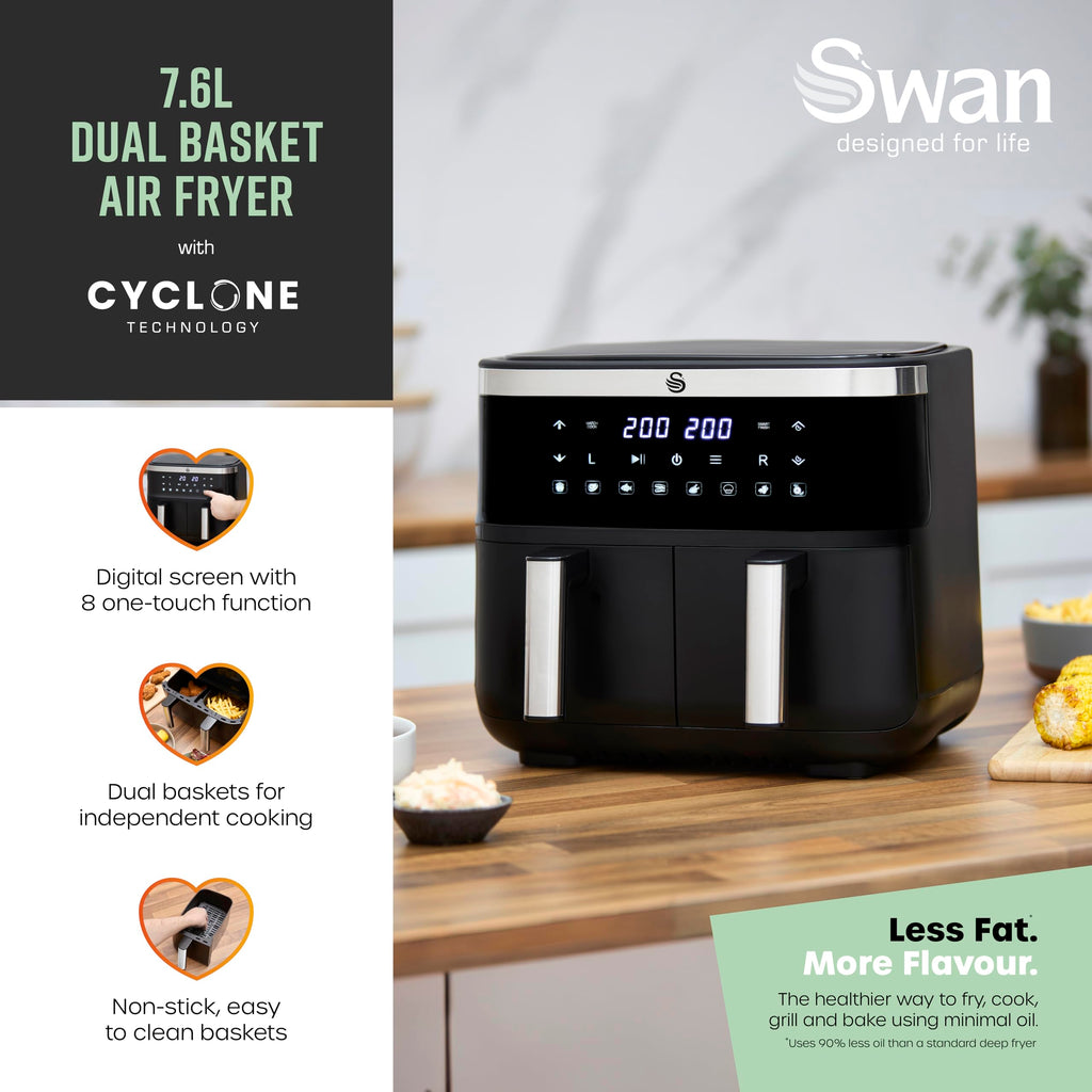 Swan Dual Basket Digital Air Fryer | 7.6L 8-in-1 Cyclone Tech – Black