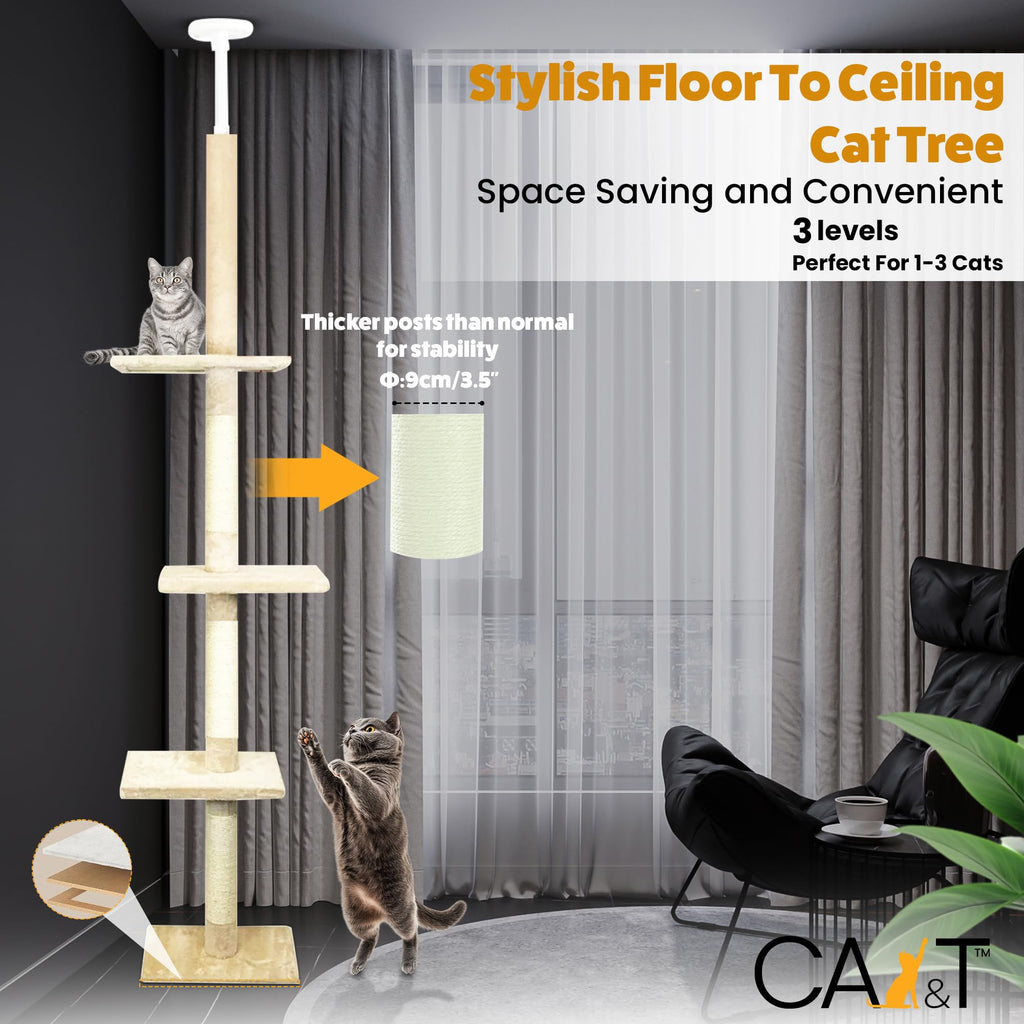 CA&T Floor to Ceiling Cat Tree – Height Adjustable Plush Climbing Tower