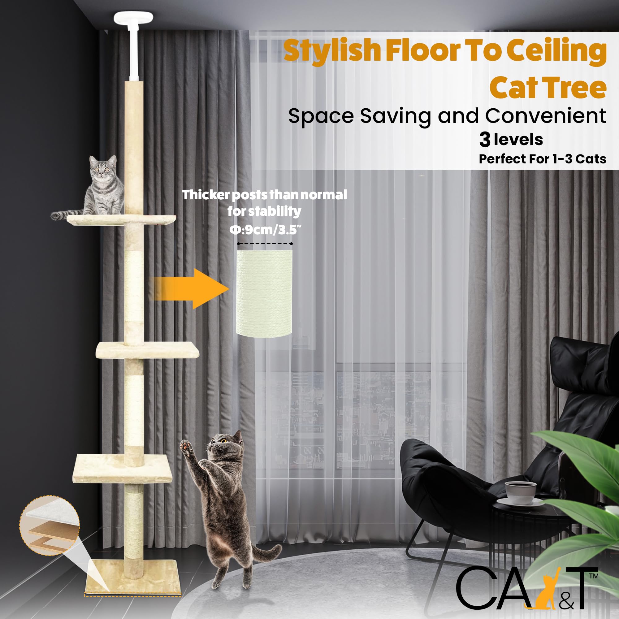 CA&T Floor to Ceiling Cat Tree – Height Adjustable Plush Climbing Tower