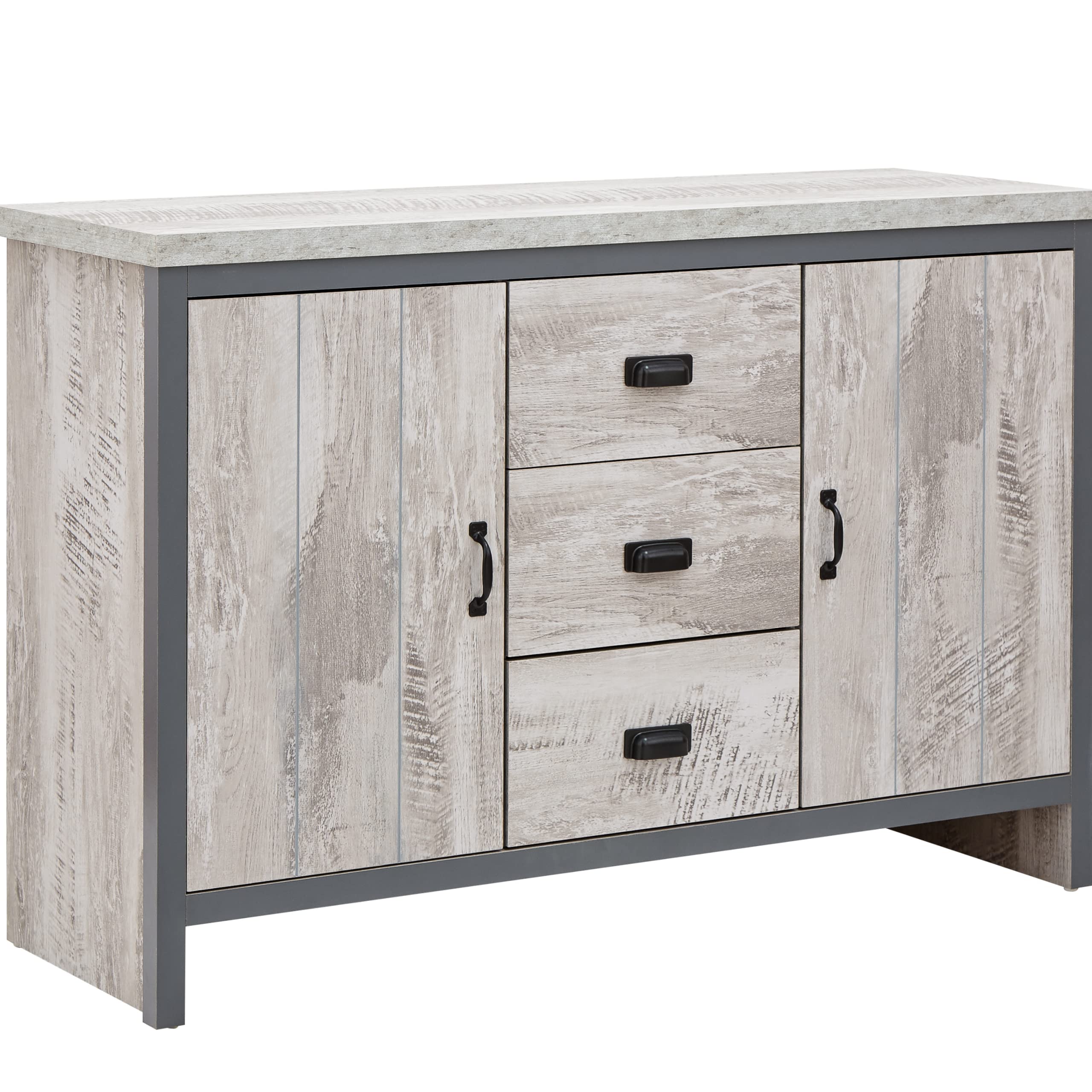 GFW Boston Sideboard - 3 Drawer 2 Door Grey Oak Storage Cabinet