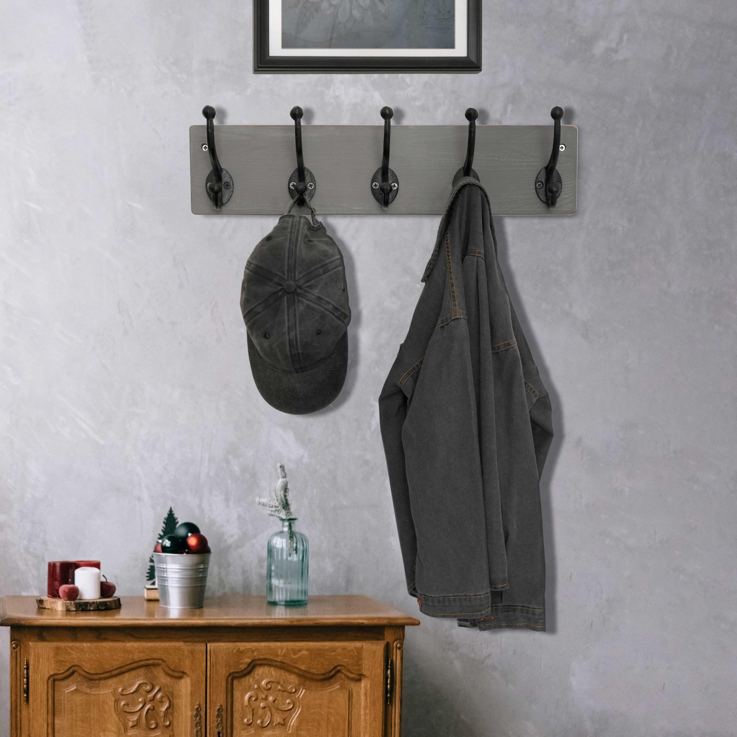 WEBI Rustic Wall Mounted Coat Rack – 5 Cast Iron Hooks, Solid Wood, 2 Pack