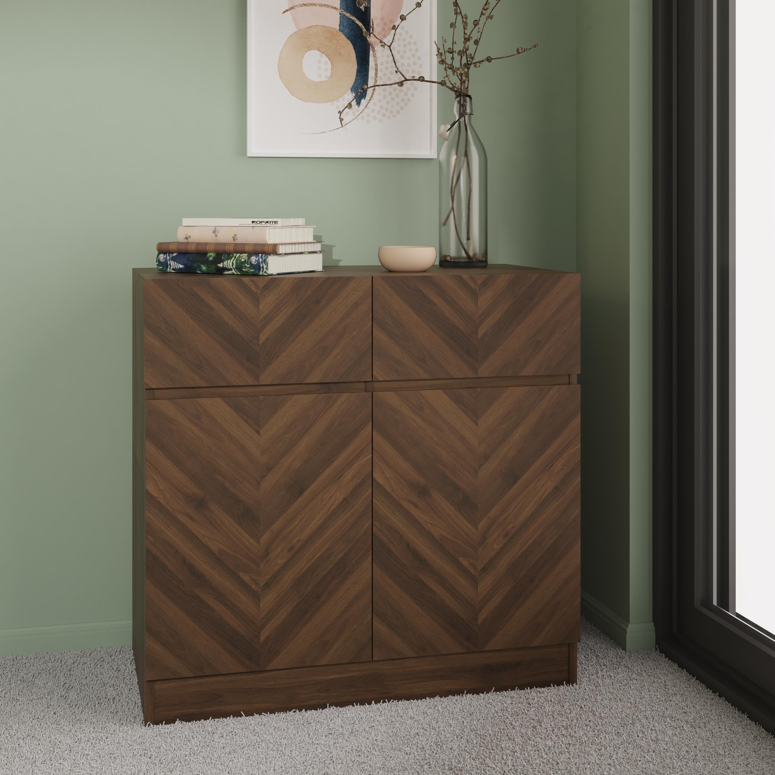 GFW Catania Walnut Sideboard – Narrow 2 Drawer 2 Door Storage Cabinet