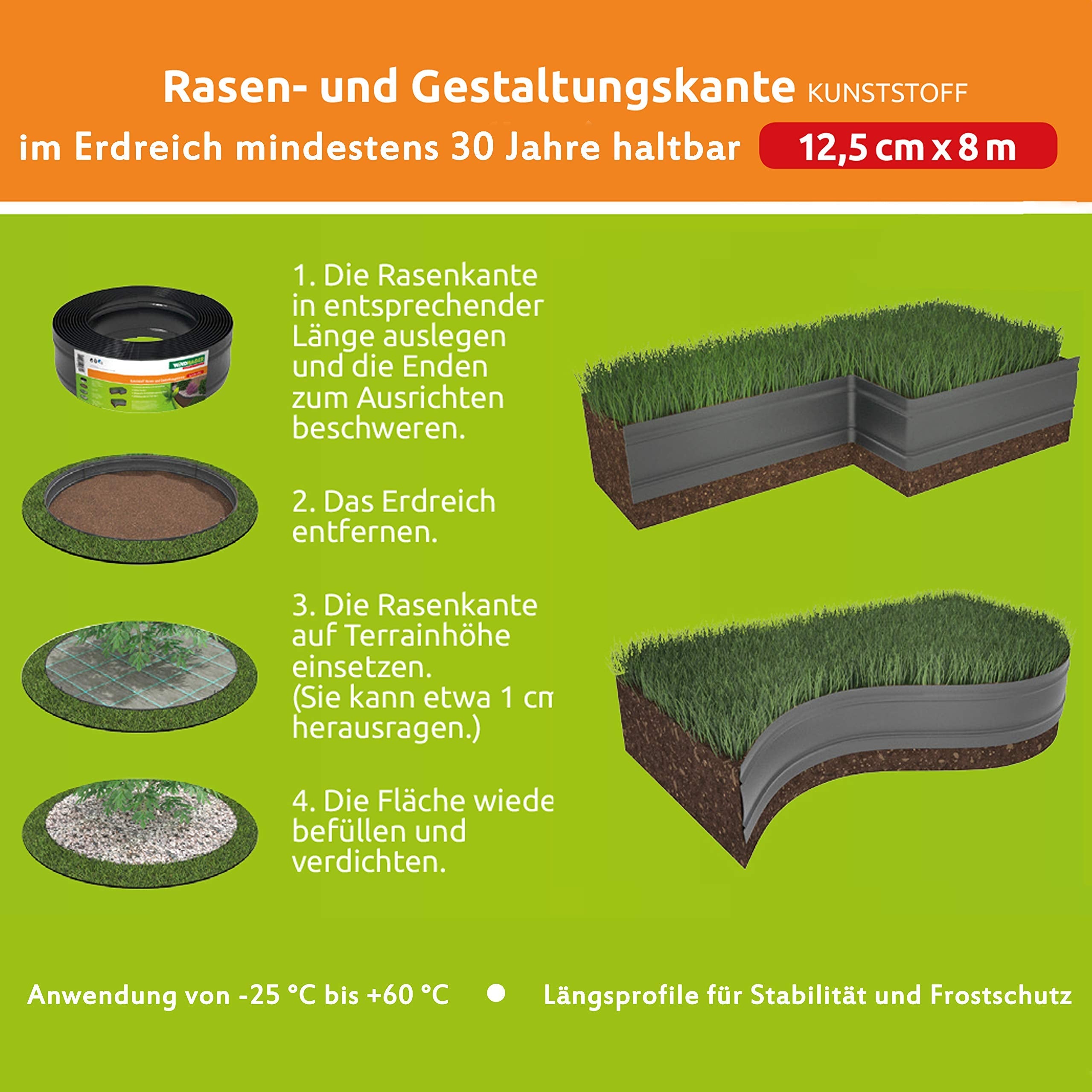 Windhager Flexible Plastic Lawn Edging – Durable Garden Border, Black/Grey