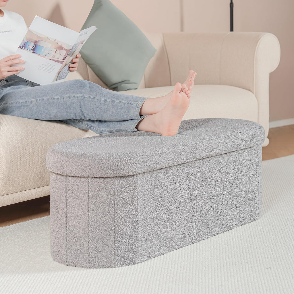 Bonlife Grey Boucle Folding Ottoman Storage Bench – 100L Oval Footstool