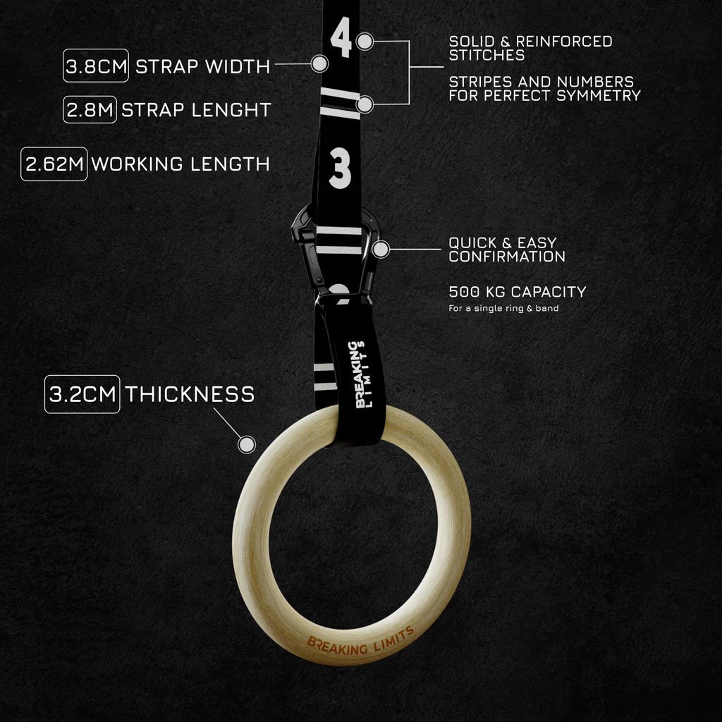 BREAKING LIMITS Birch Wood Gymnastics Rings with Adjustable Straps