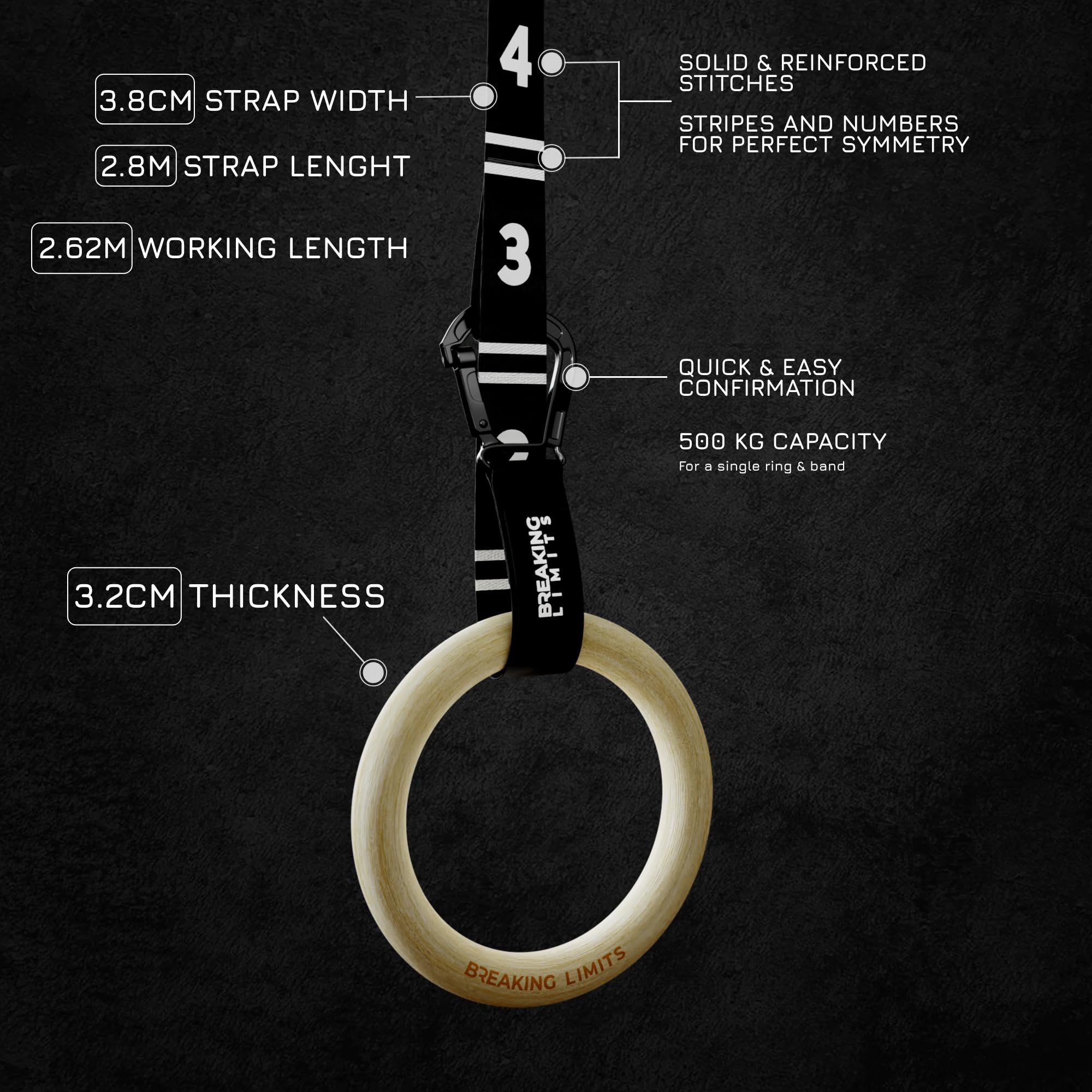 BREAKING LIMITS Birch Wood Gymnastics Rings with Adjustable Straps