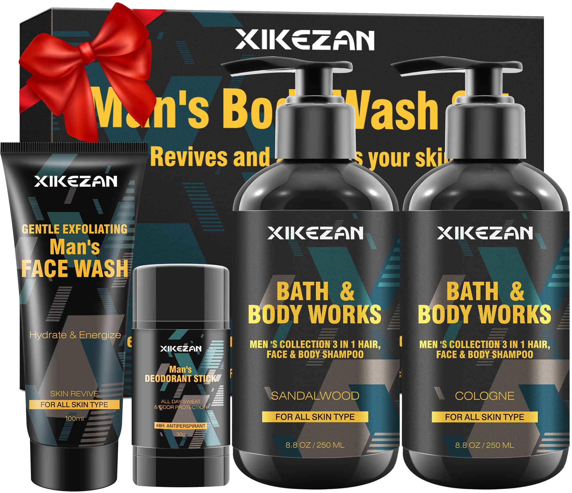 XIKEZAN Men's Body Wash Gift Set | 4-Piece Sandalwood & Cologne Grooming Kit