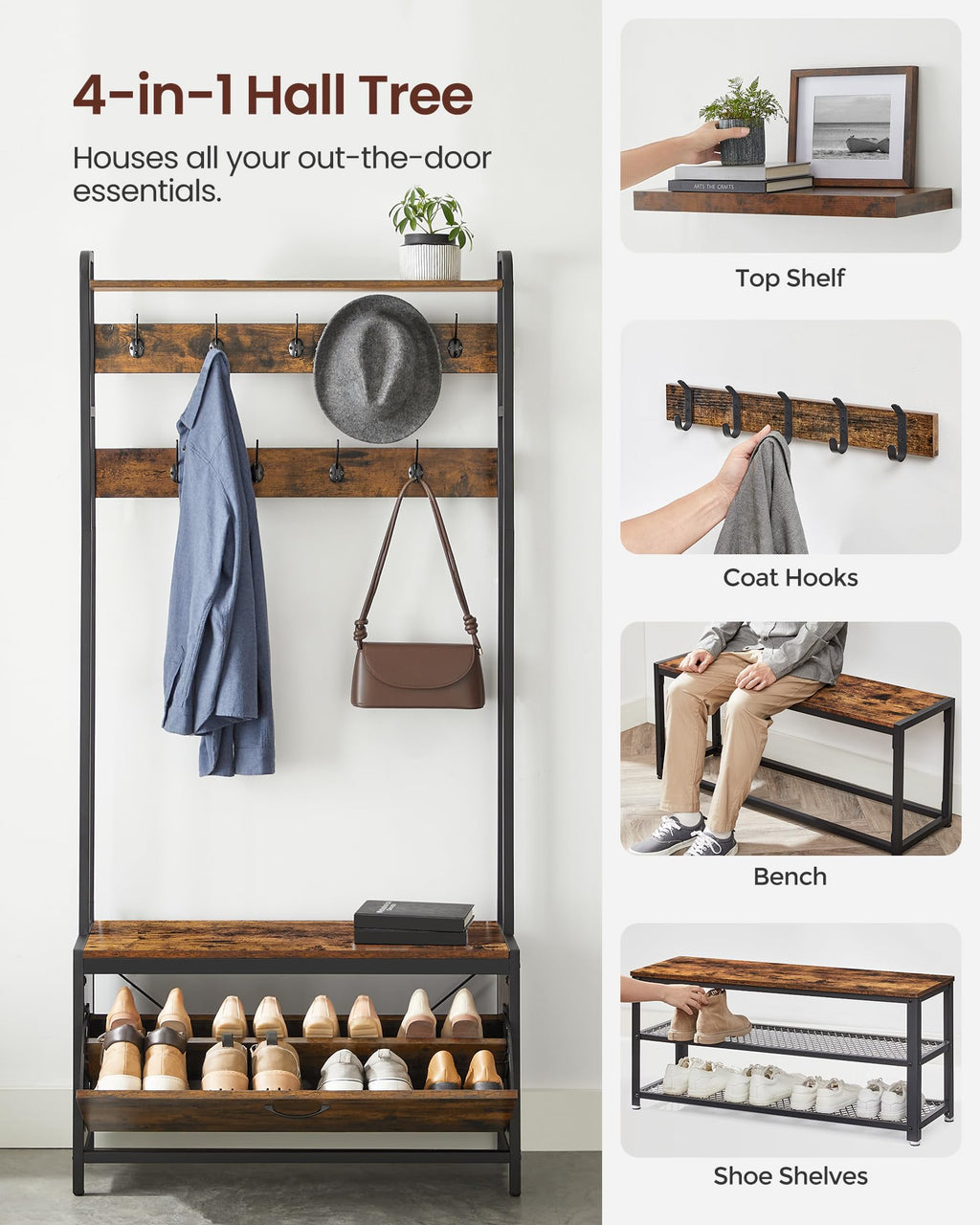 VASAGLE Industrial Hall Tree with Bench and Shoe Storage – Rustic Brown