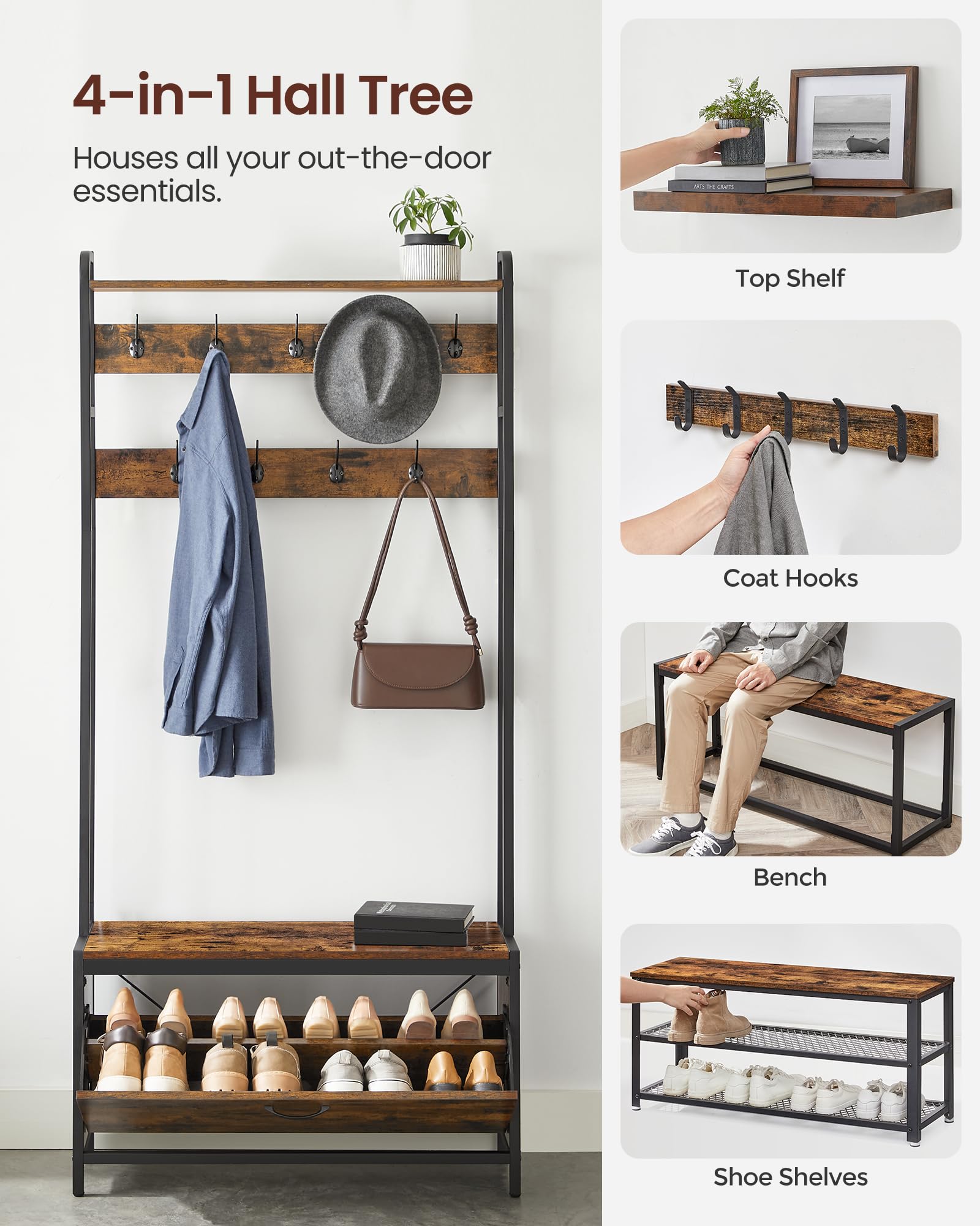 VASAGLE Industrial Hall Tree with Bench and Shoe Storage – Rustic Brown