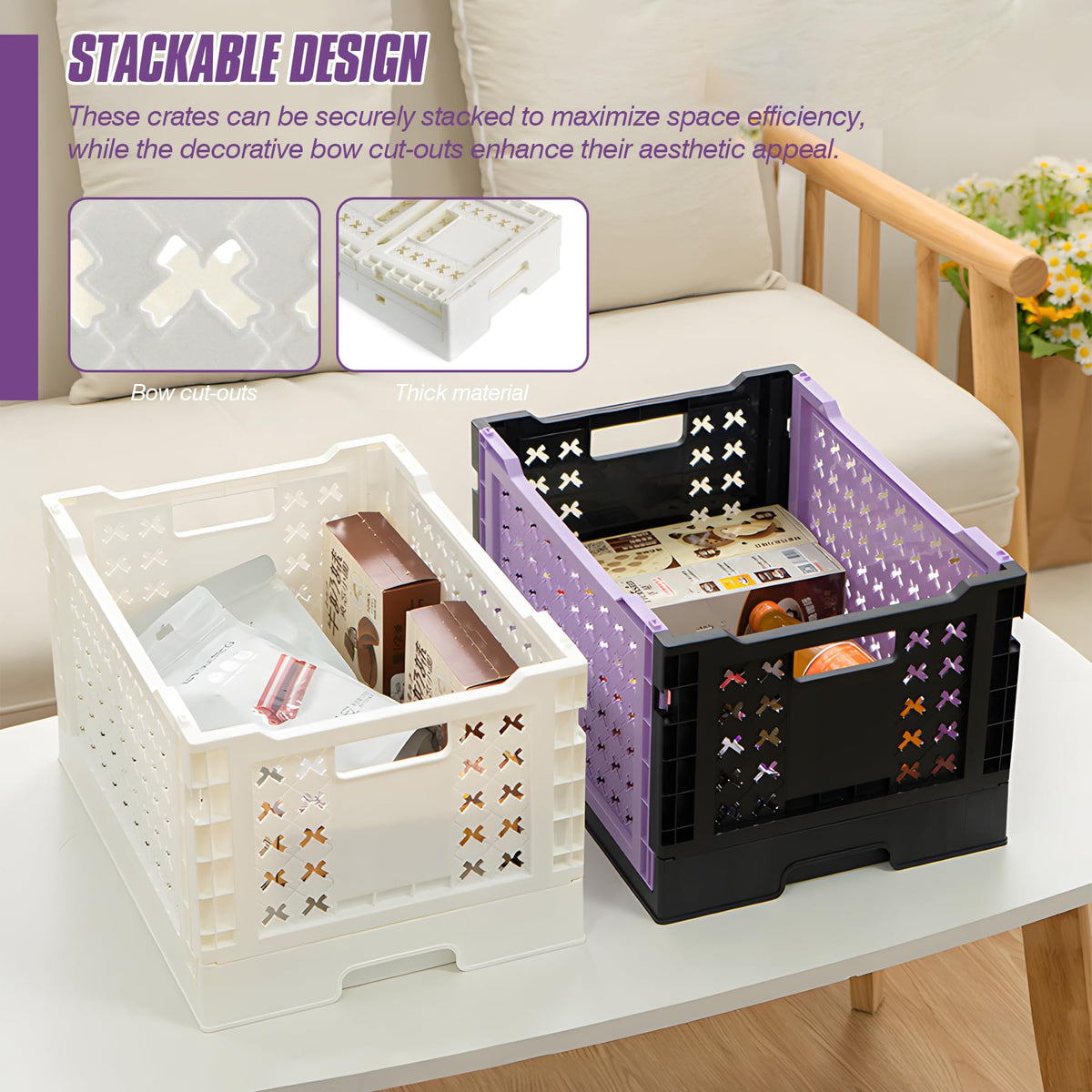 Spesh 2 Pcs Collapsible Crates Storage Boxes Plastic Foldable Crates Stackable Folding Storage Baskets for Home Kitchen OfficeWhite, 30x22x18cm - image 3