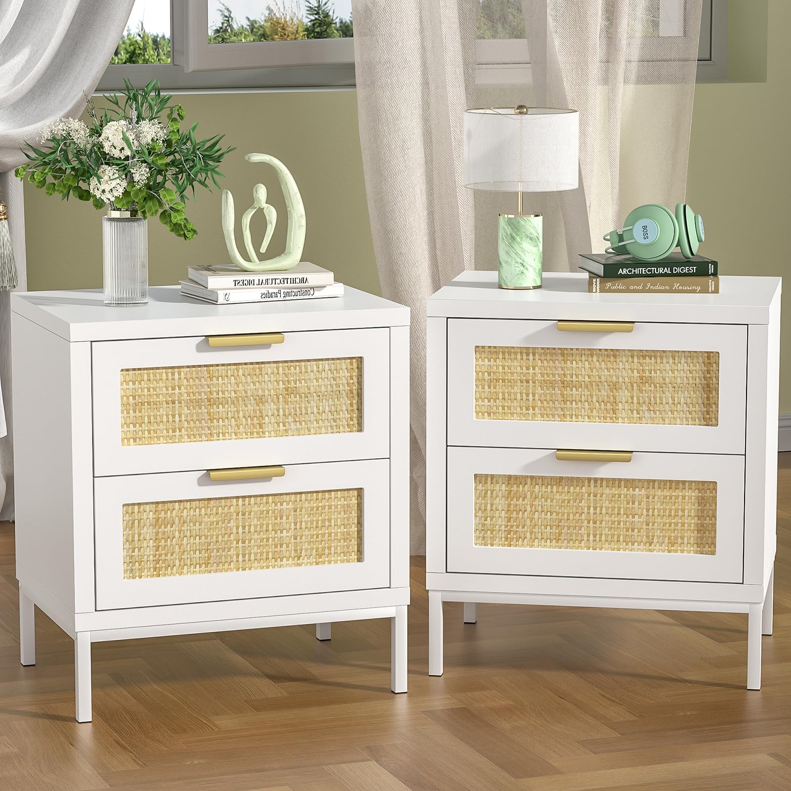 Yvsevnr Rattan Bedside Tables Set of 2 – White Scandi Wood Nightstands