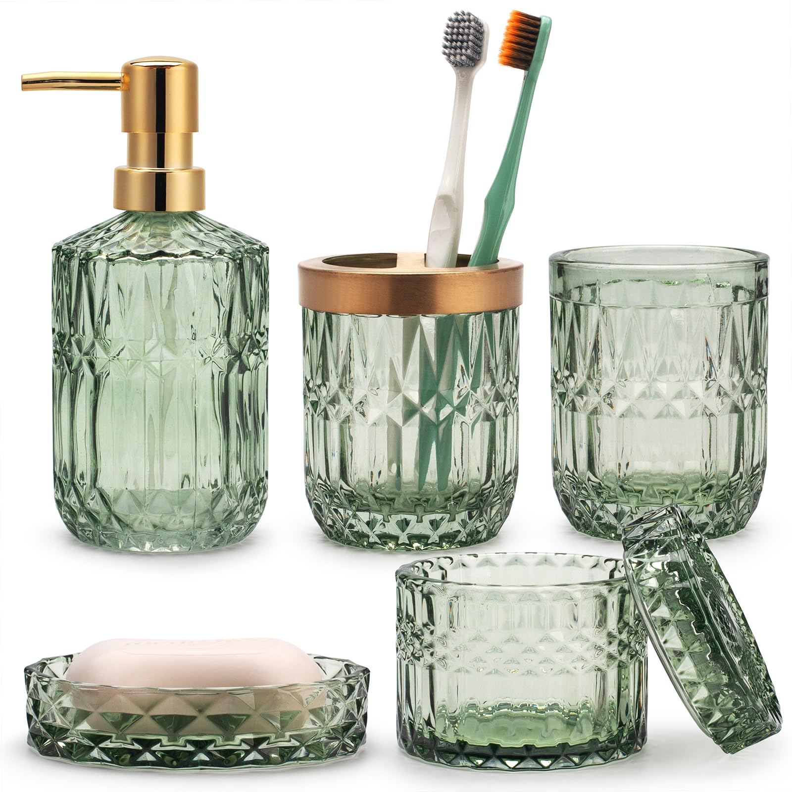 5-Piece Green Glass Bathroom Accessories Set – Vintage Decor