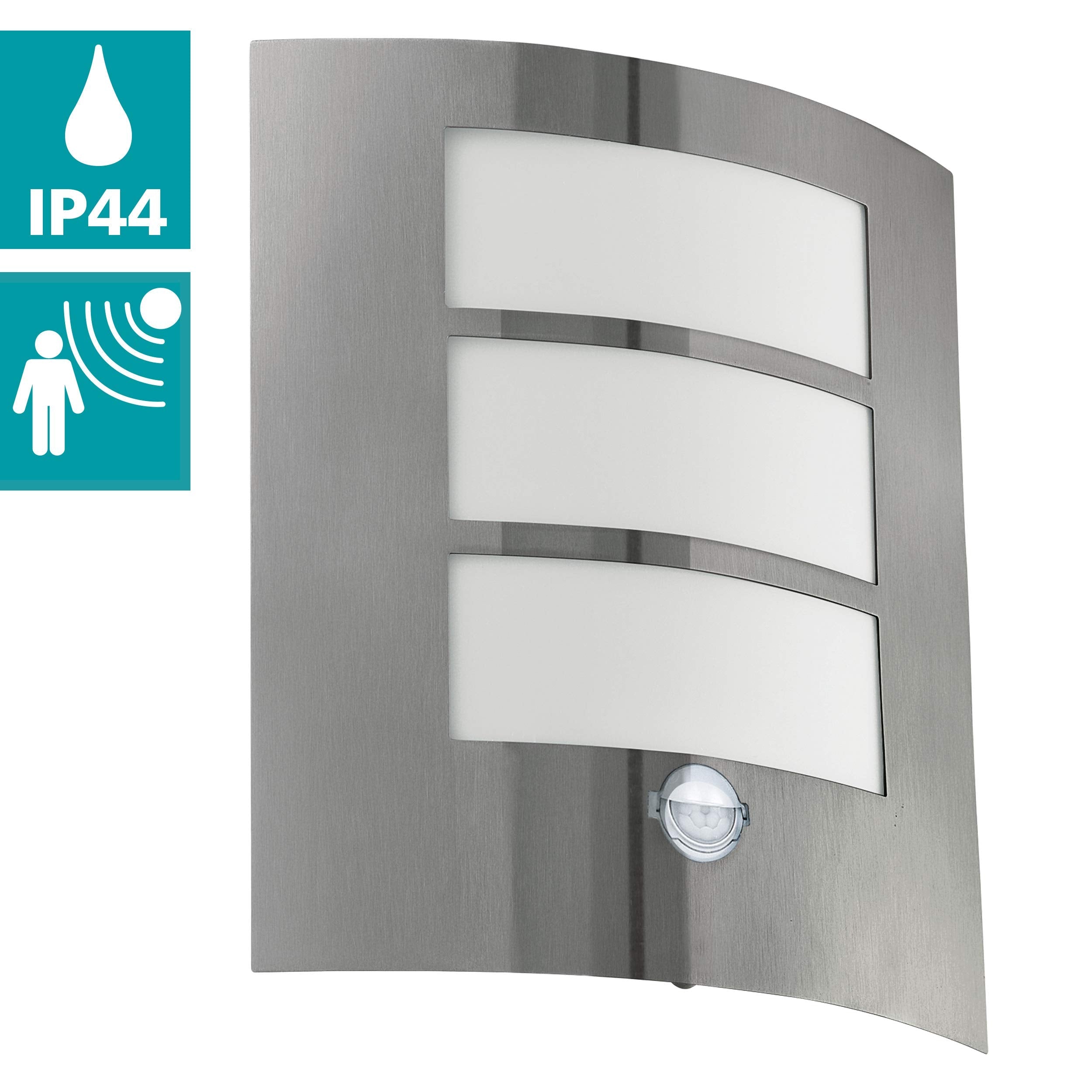 Eglo City Outdoor Motion Sensor Wall Light | Silver Stainless Steel IP44