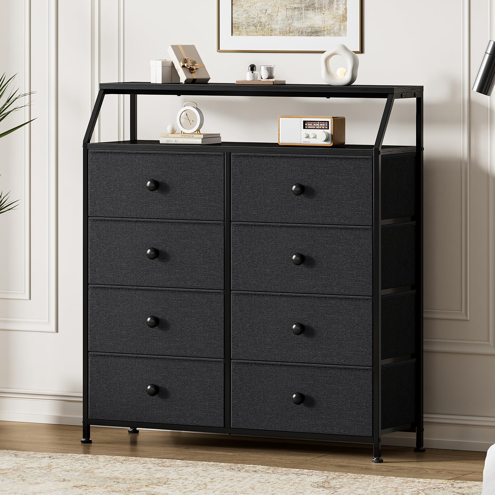 Mossora 8-Drawer Chest of Drawers | Black Fabric Dresser with Wooden Top