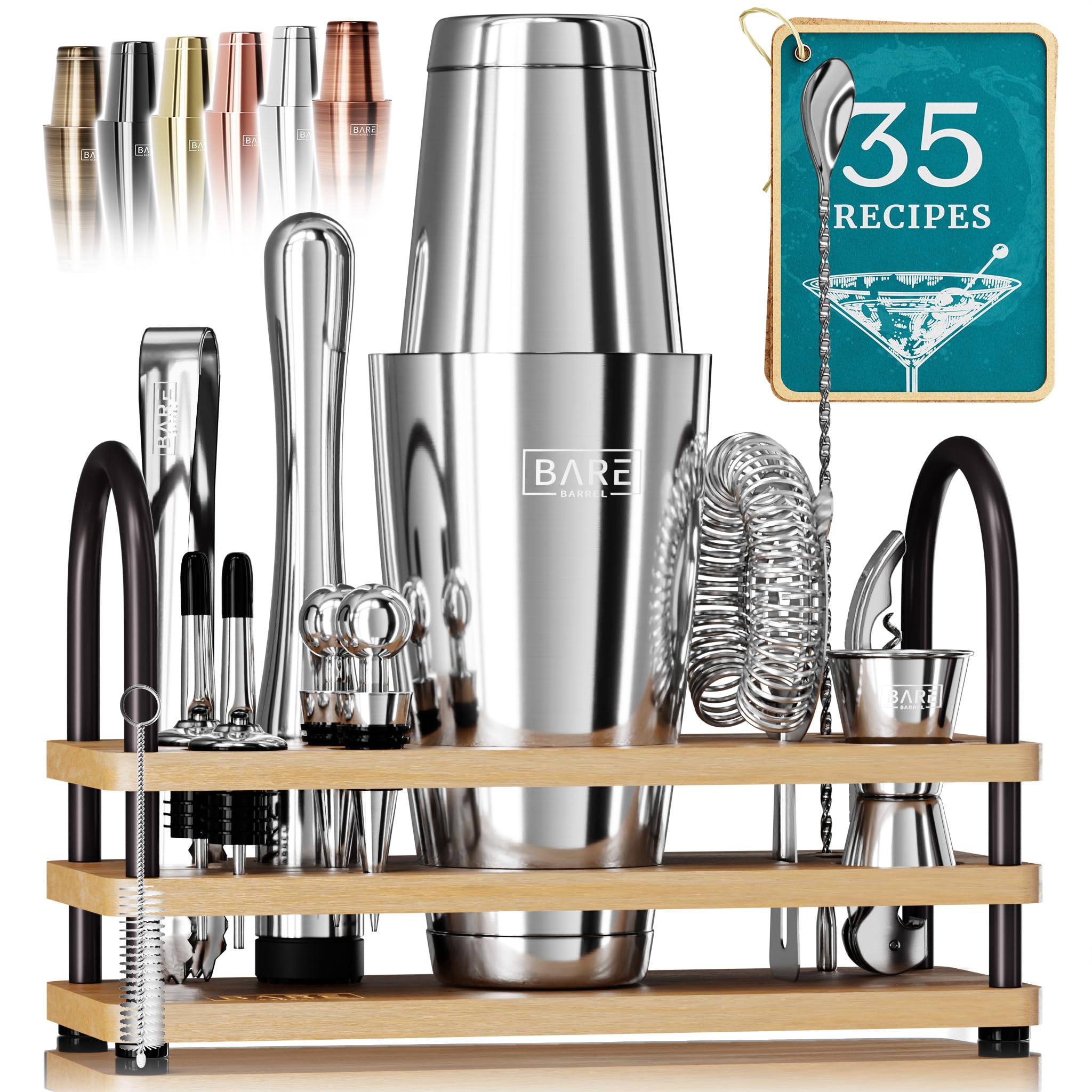 Bare Barrel 14-Piece Cocktail Making Kit with Bamboo Stand & Recipes