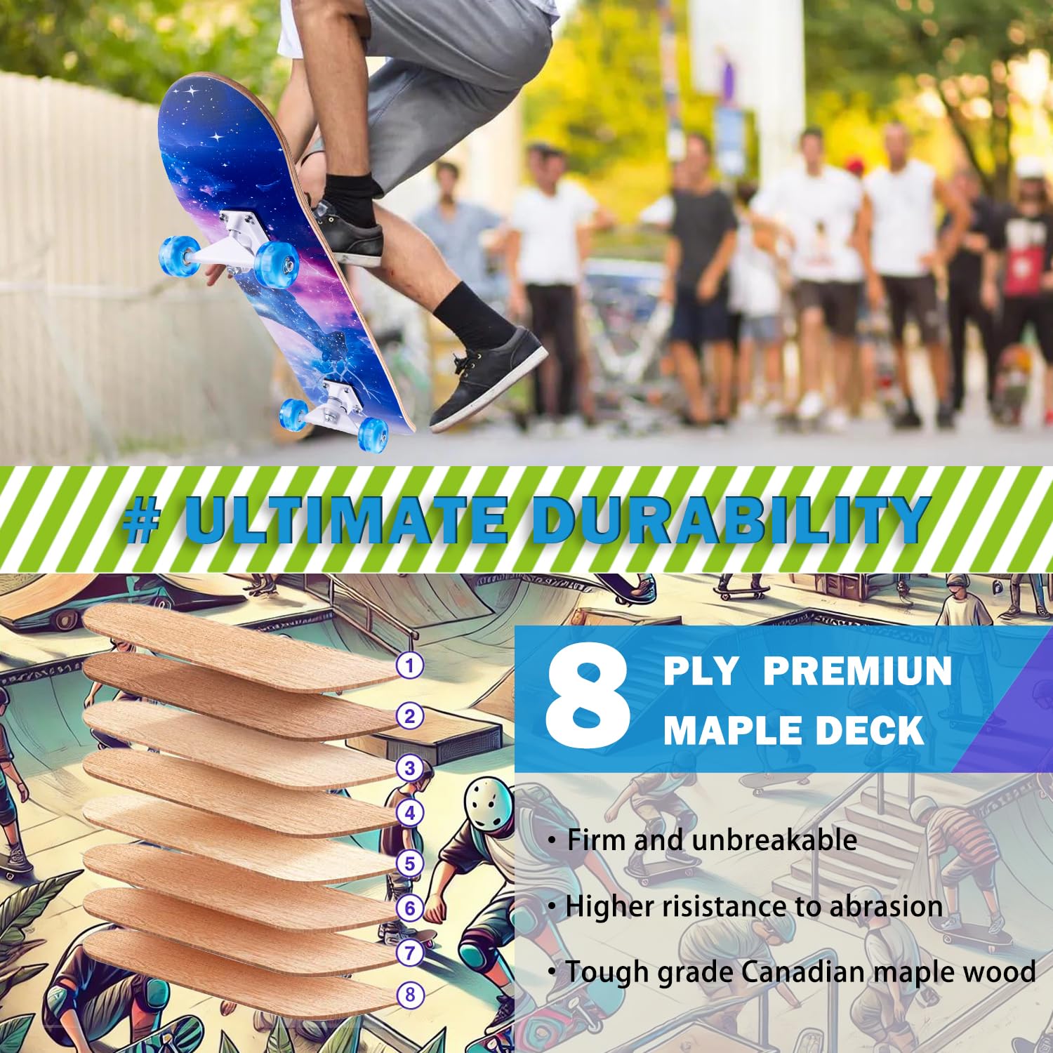 CLYCTIP Complete Skateboard | 31x8 Inch 8-Layer Maple Double Kick Blue