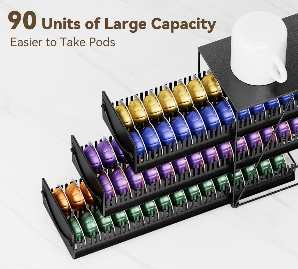 HFHOME 3-Tier Coffee Pod Holder Drawer for 90 Nespresso Vertuo Pods