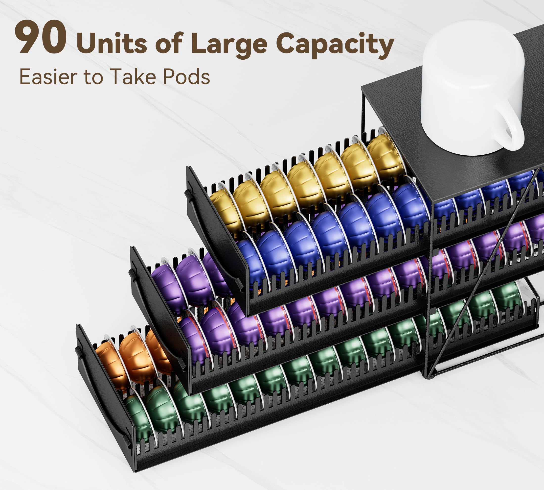 HFHOME 3-Tier Coffee Pod Holder Drawer for 90 Nespresso Vertuo Pods