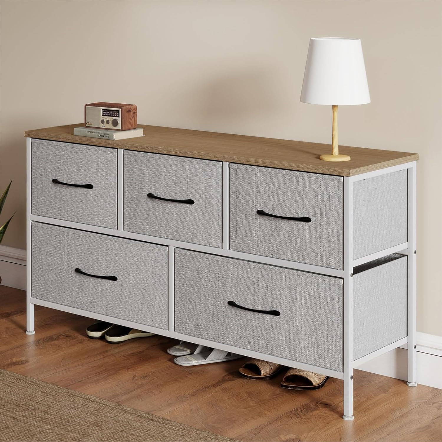 Levede 5 Fabric Drawer Chest – Wide Storage Cabinet with Wood Top