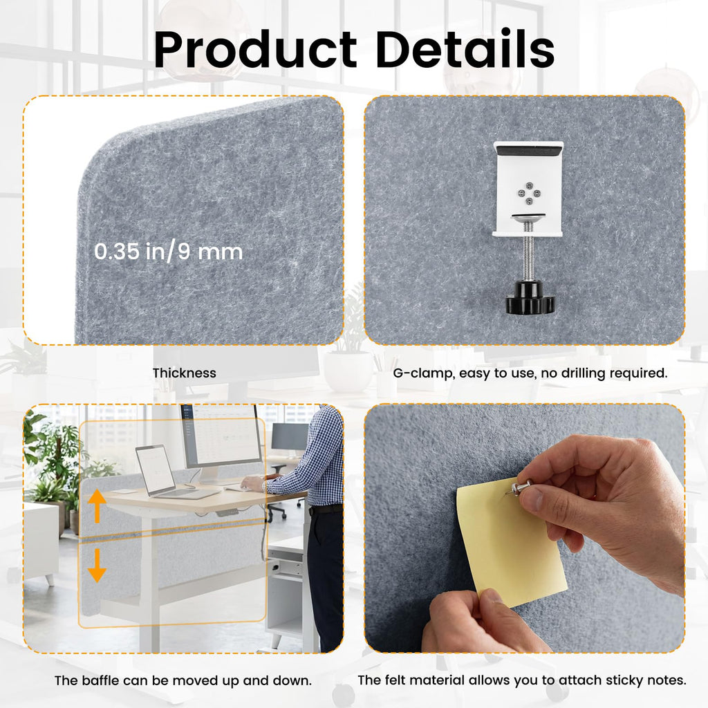 Felt Desk Divider, Clamp-On Privacy Panel, 60 x 60 cm, Light Grey - image 3