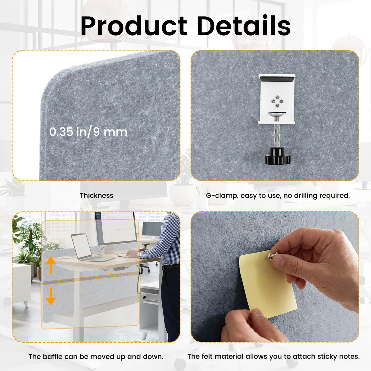 Felt Desk Divider, Clamp-On Privacy Panel, 60 x 60 cm, Light Grey - image 3