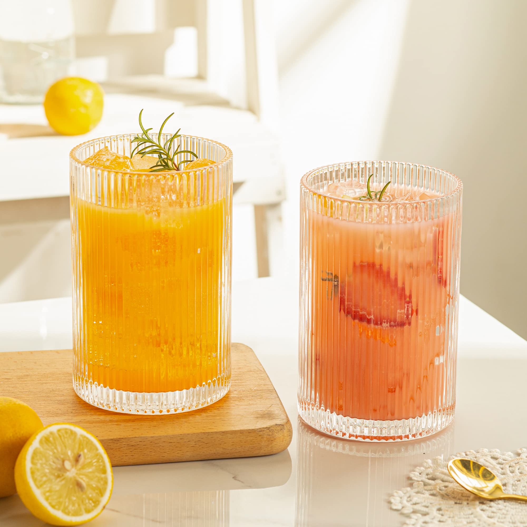 POLIDREAM Ribbed Glassware Set | 16.9oz XL Fluted Origami Drinking Glasses