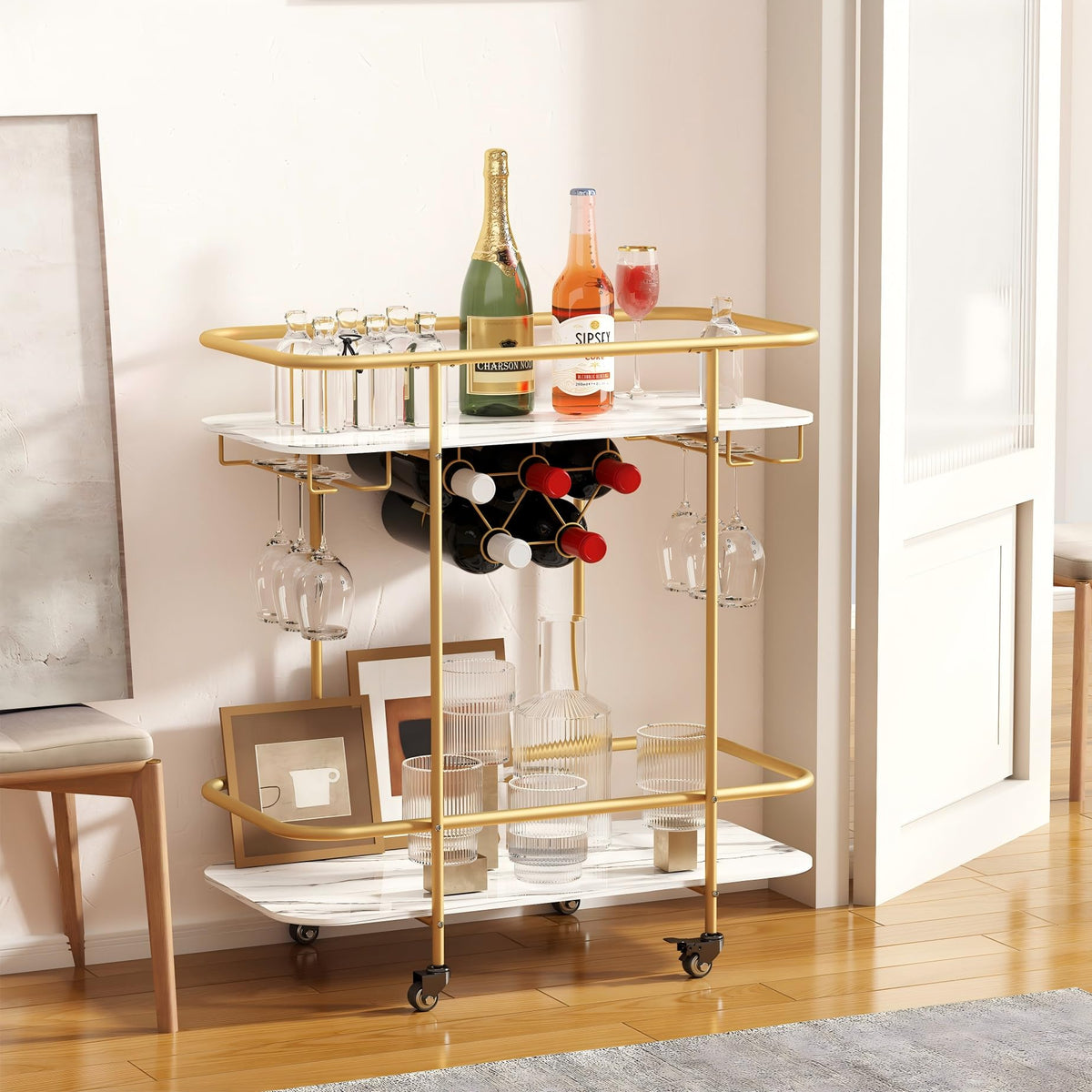 DAWNYIELD 2 Tier Mobile Bar Serving Cart, Drinks Trolley on Wheels, Gold - image 1