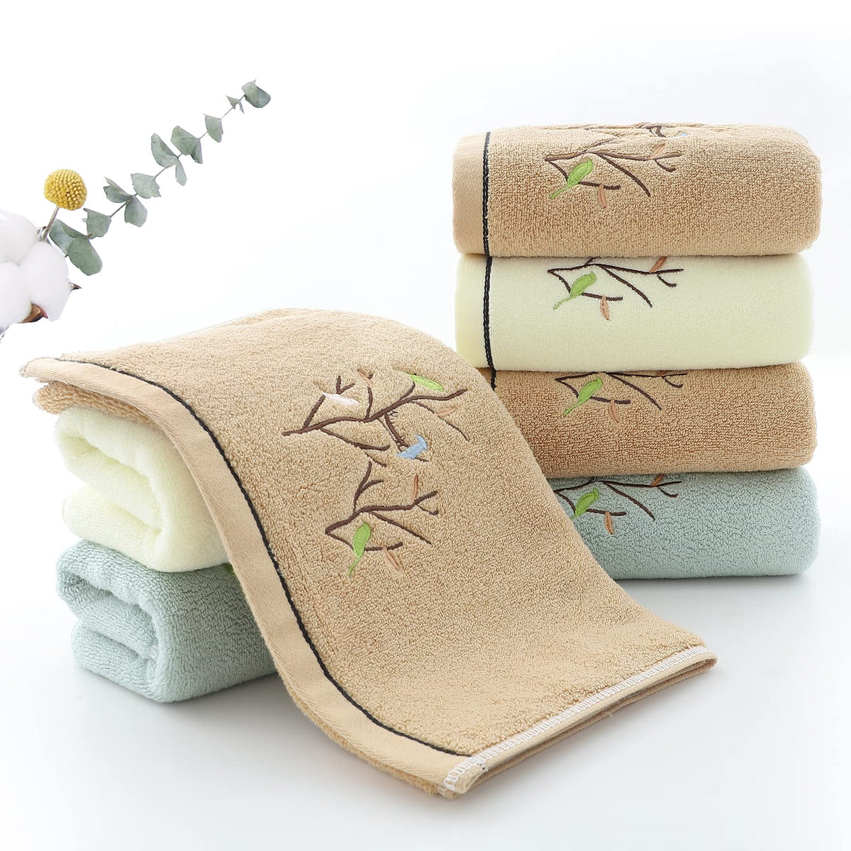 Pidada Hand Towels Set of 4 Embroidered Bird Tree Pattern 100% Cotton Absorbent Soft Decorative Towel for Bathroom 35 x 75 cm Brown - image 2
