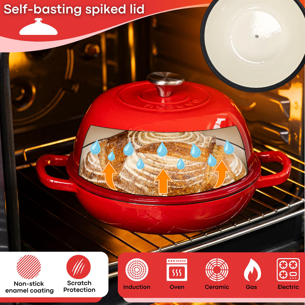 Nuovva Enamelled Cast Iron Dutch Oven - 6 Quart Red Bread Baking Pot