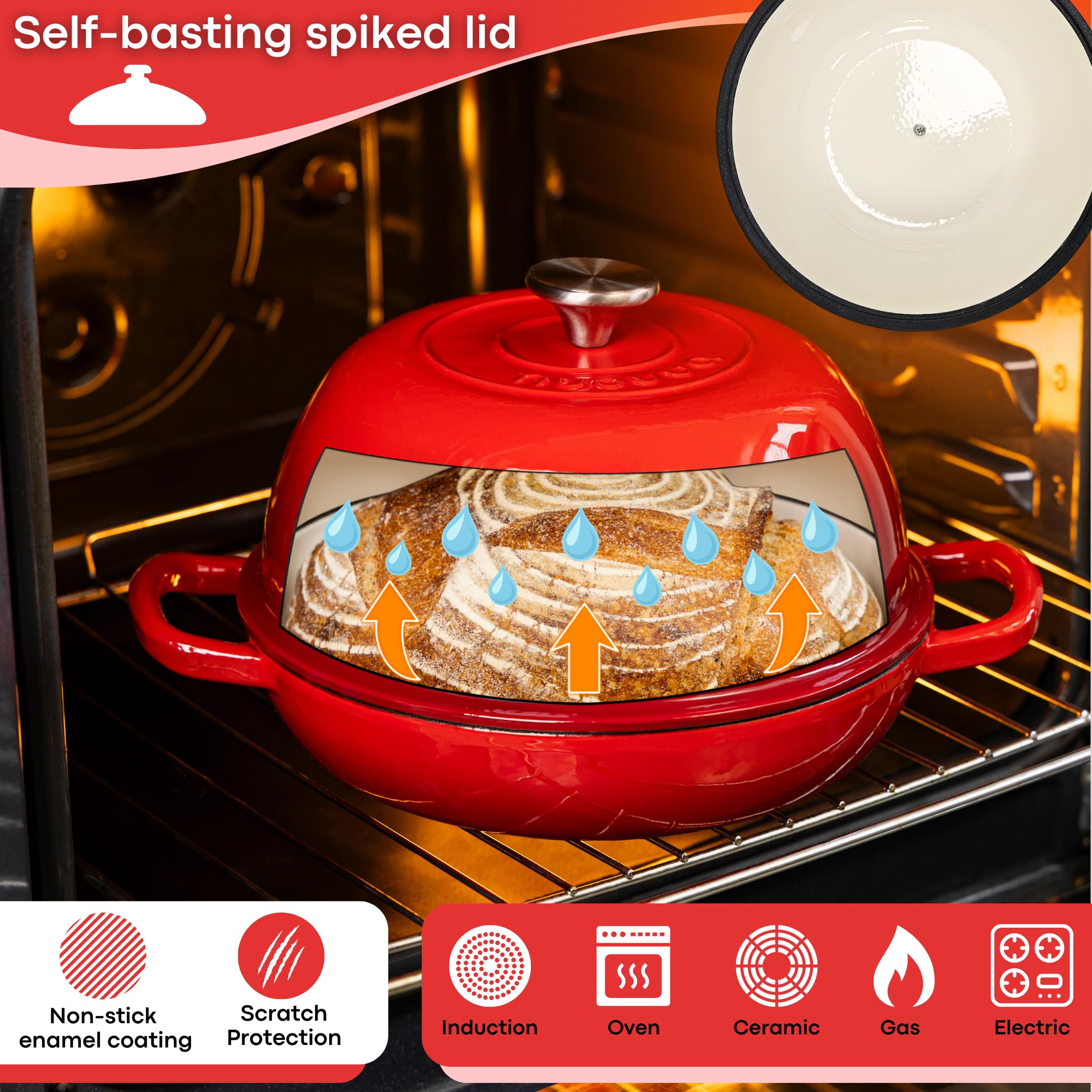 Nuovva Enamelled Cast Iron Dutch Oven - 6 Quart Red Bread Baking Pot
