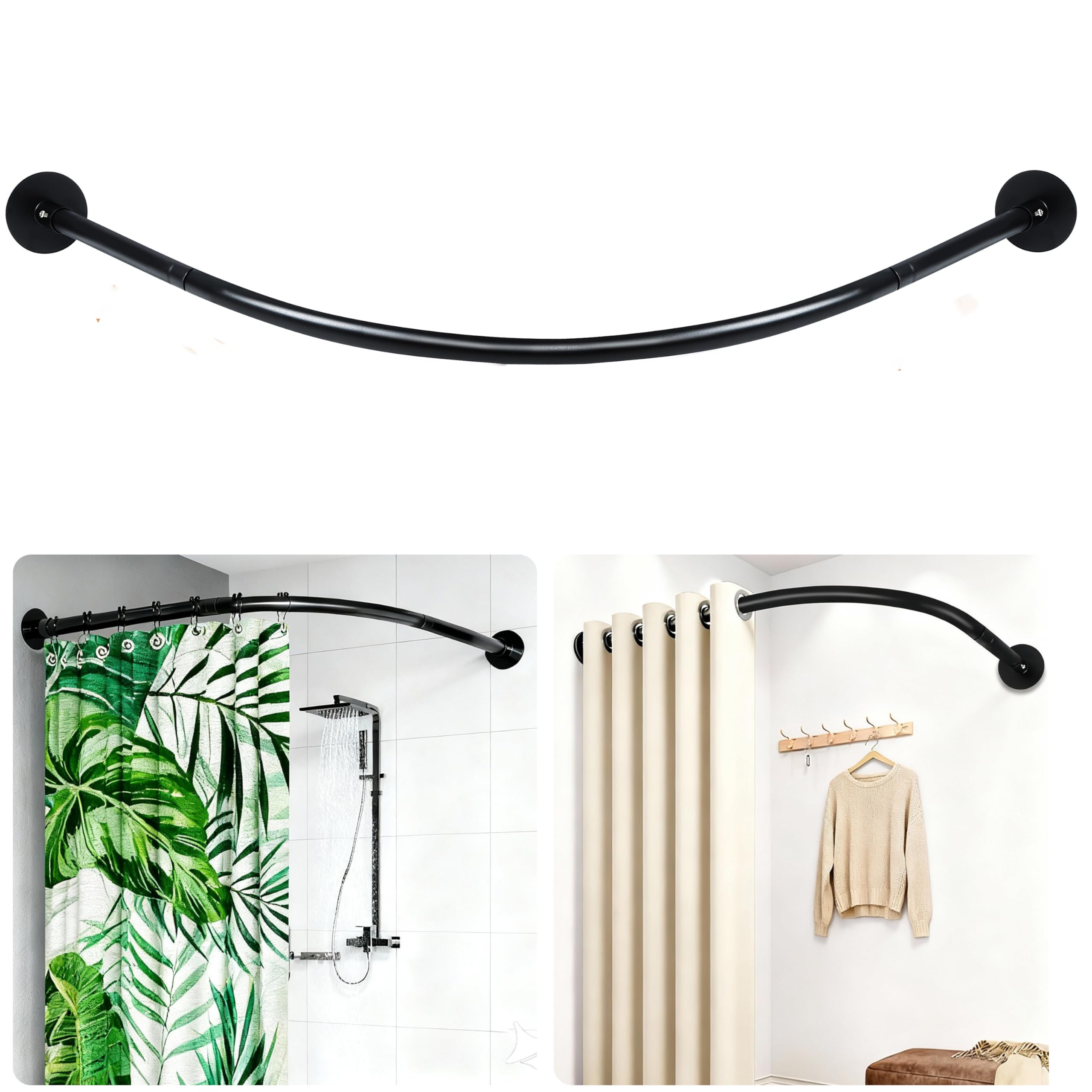 ZAIONE L-Shaped Shower Curtain Rail | Adjustable Black Stainless Steel Rod