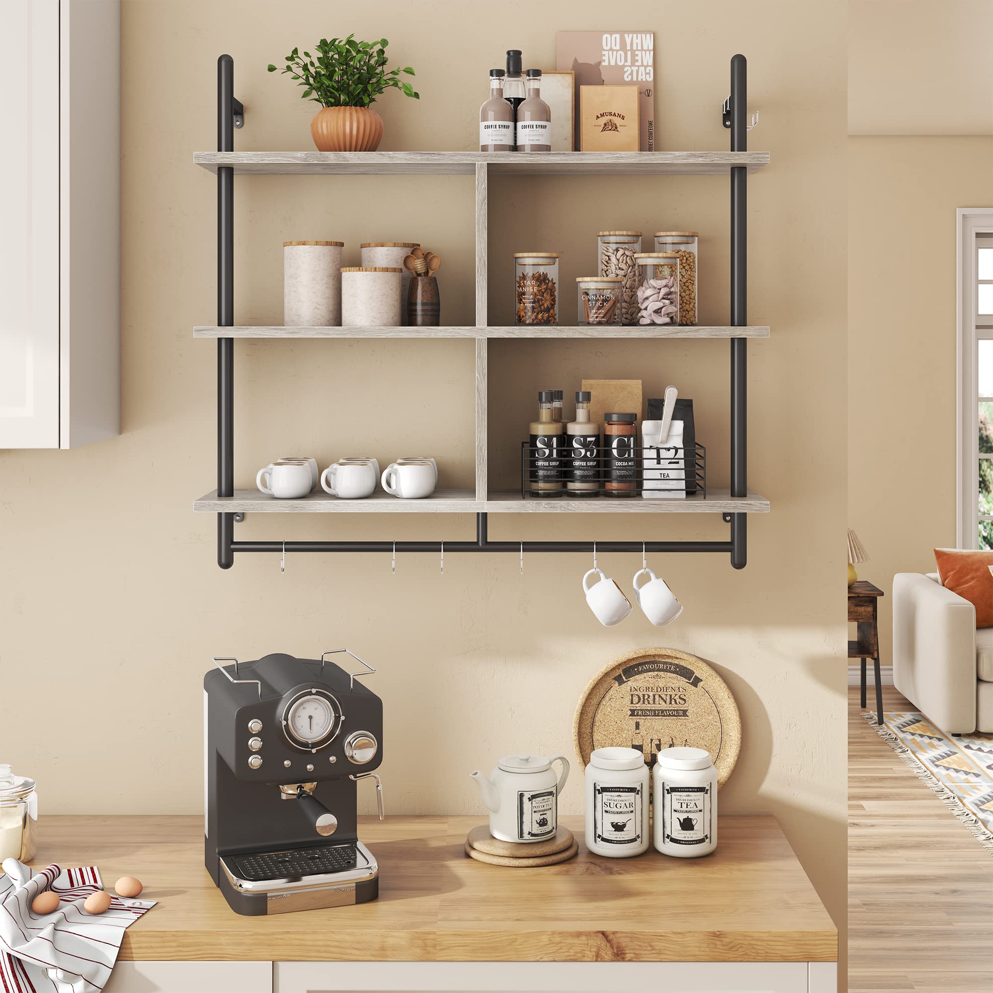 Bestier 115CM Industrial Pipe Shelving | 3-Tier Wall Mounted Ladder Shelf
