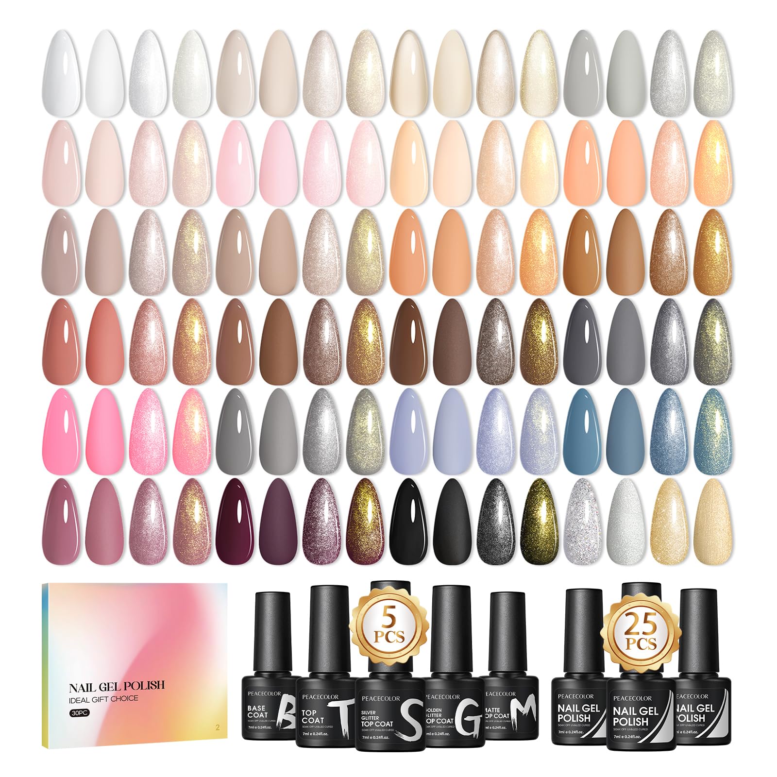 PEACECOLOR 30PCS Gel Nail Polish Set | Soak Off Nail Kit with Top Coat