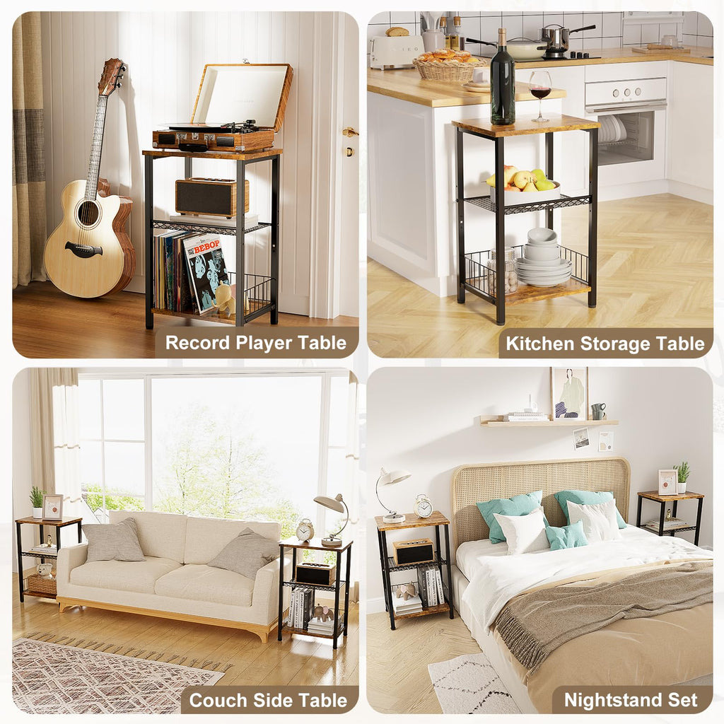 iDavosic.ly 3-Tier Industrial Side Table – Rustic Narrow Nightstand