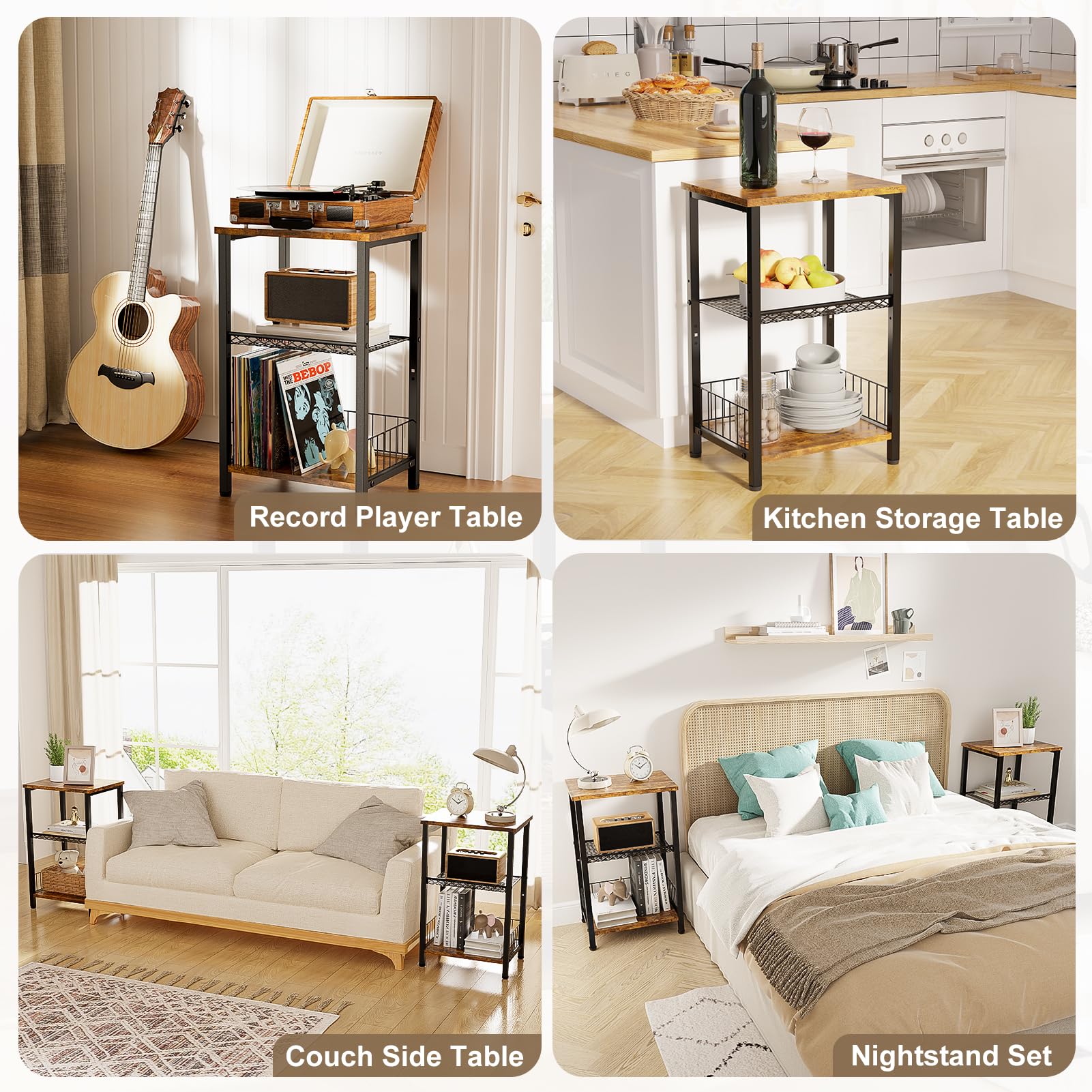 iDavosic.ly 3-Tier Industrial Side Table – Rustic Narrow Nightstand