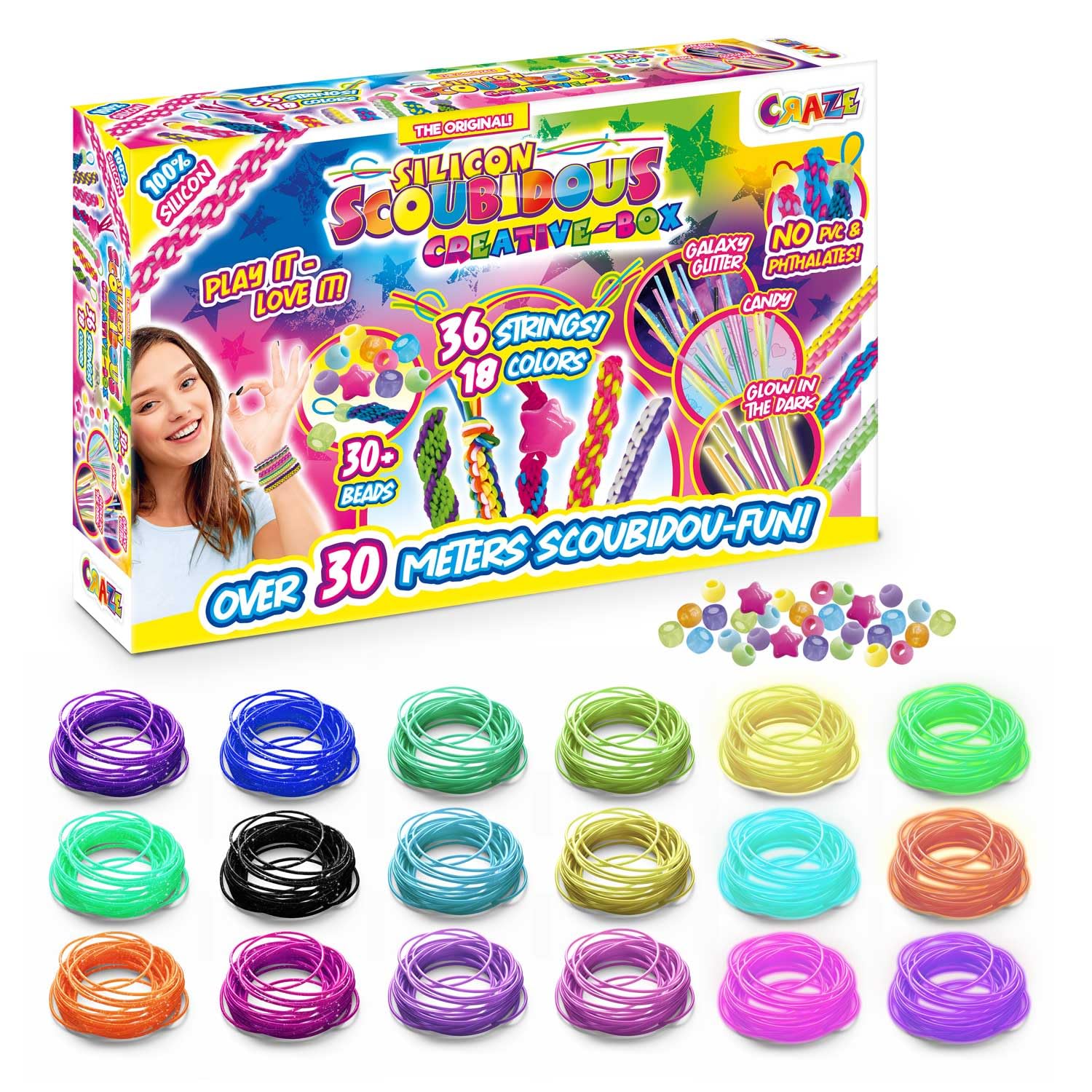 Craze Scoubidou Creative Box – 36 Silicone Strings & Beads Craft Kit