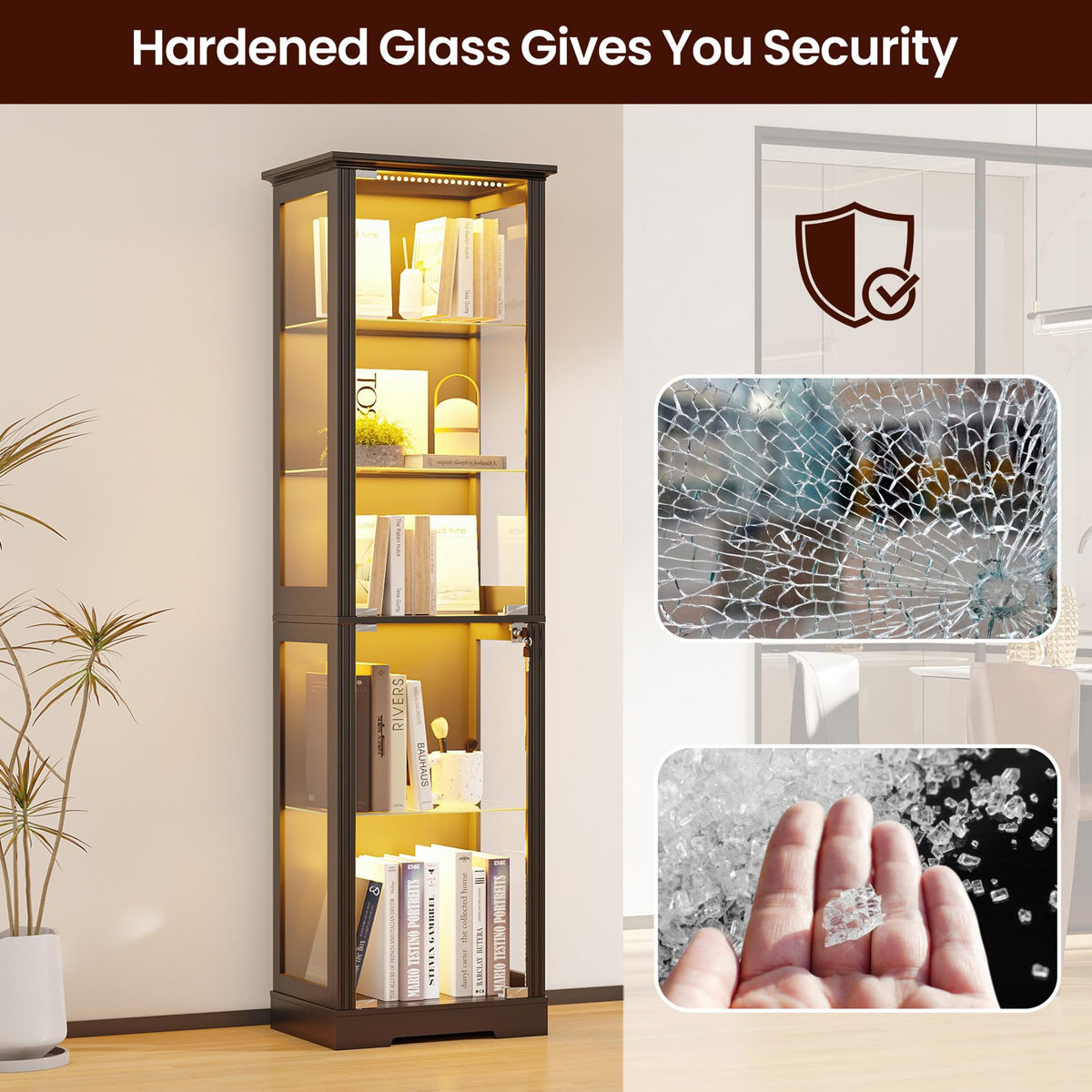 Gurexl 180cm Glass Display Cabinets with Lockable for Collectibles,Black - image 5